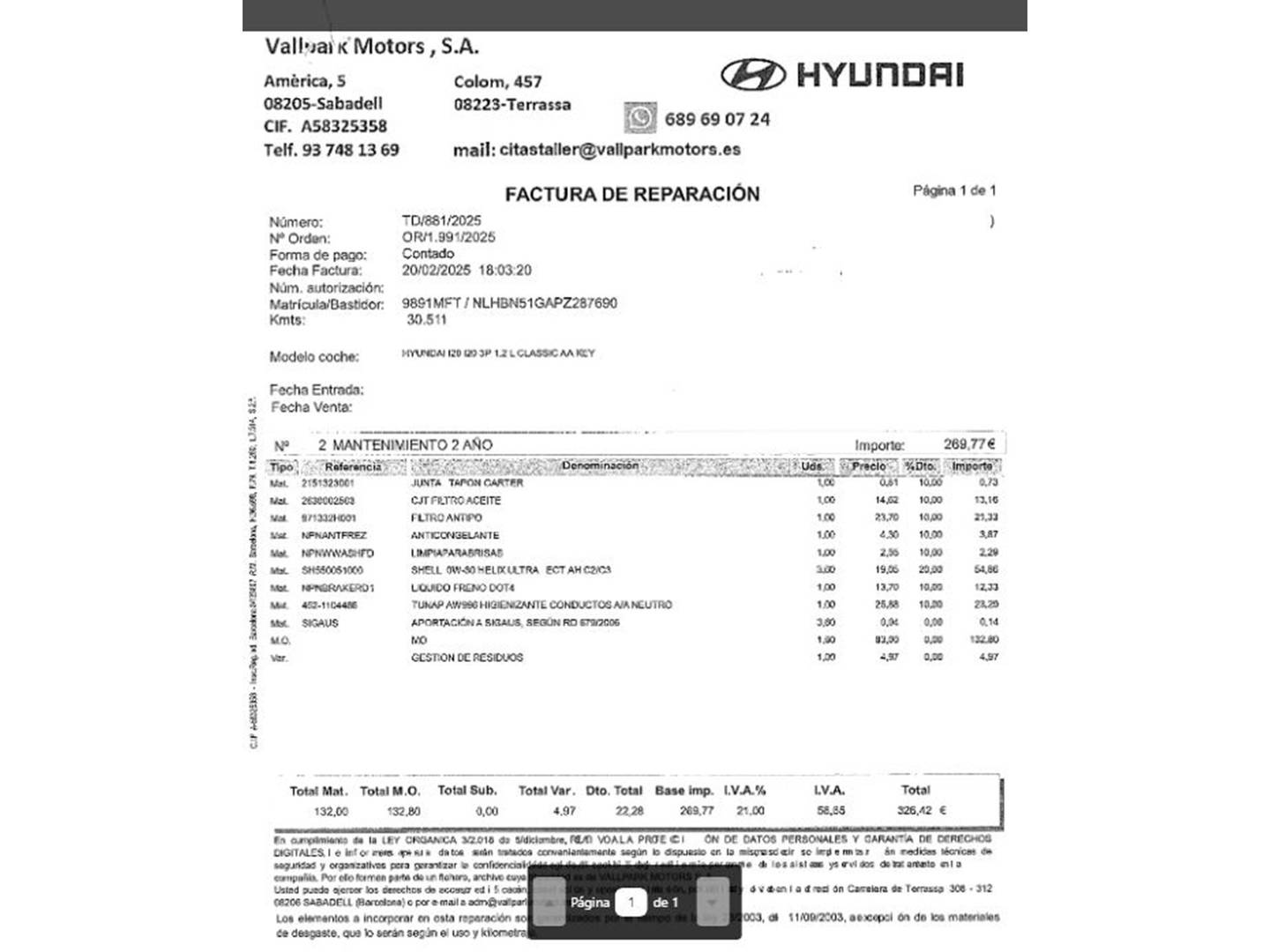 Foto del mantenimiento del Hyundai i20 Hyundai i20 1.0 TGDI Klass (100 CV)