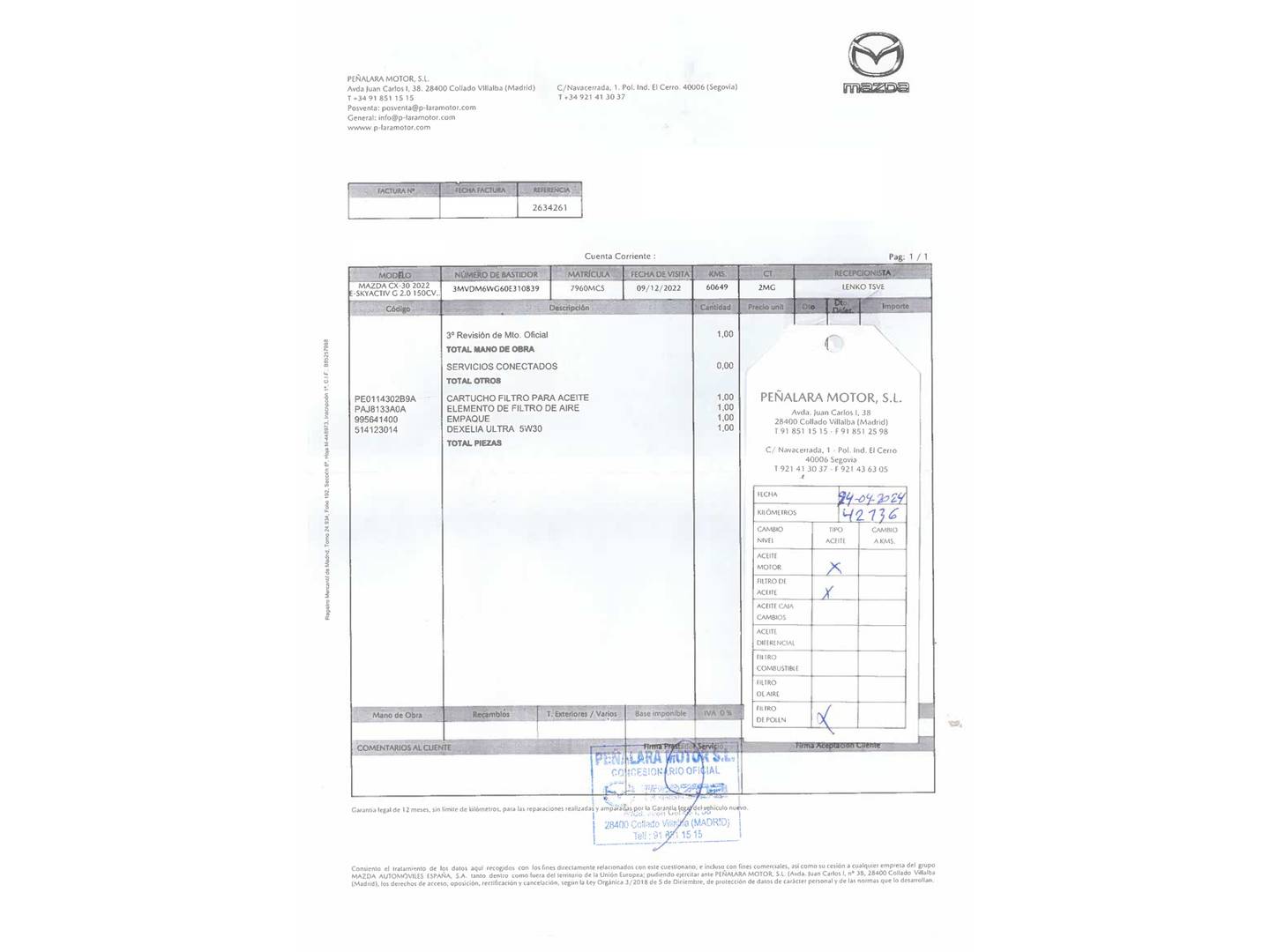 Foto del mantenimiento del Mazda CX-30 Mazda CX-30 2.0 e-SKYACTIV-G Homura 2WD (150 CV)