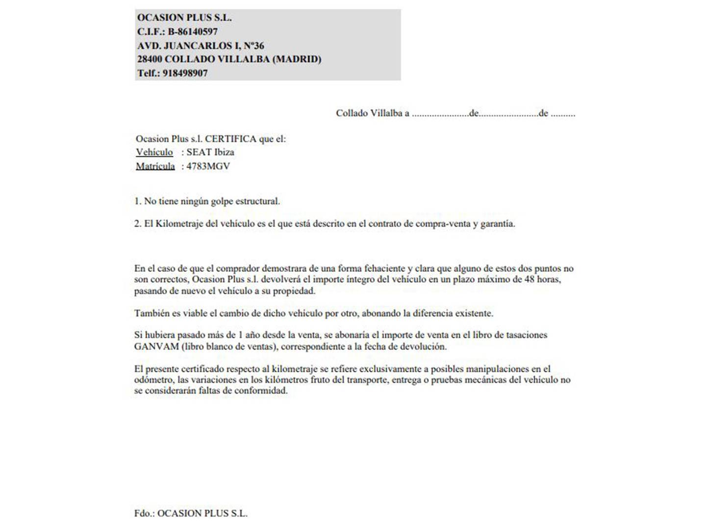 Foto del certificado del Seat Ibiza Seat Ibiza 1.0 TSI S&S FR XL (110 CV)