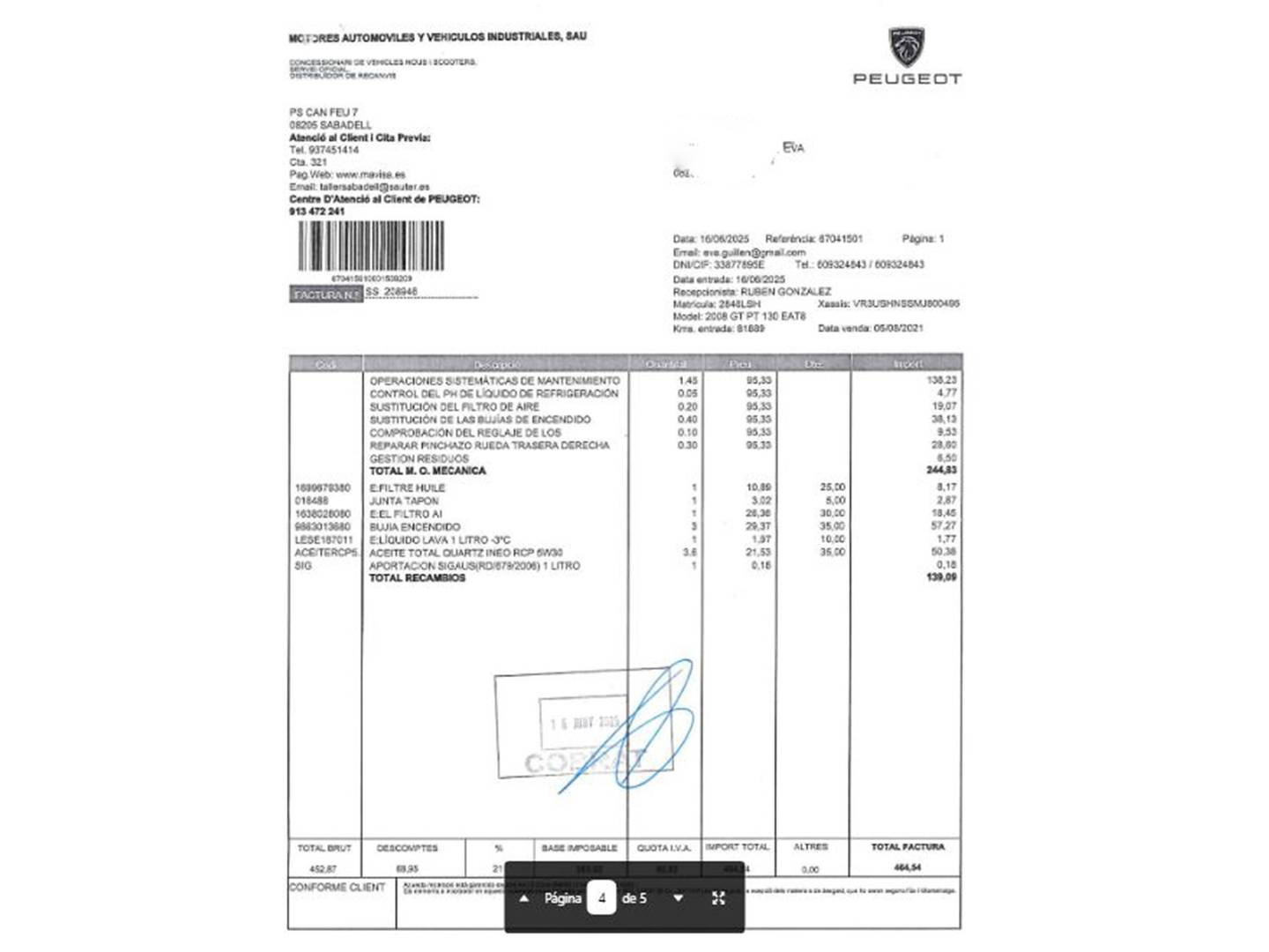 Foto del mantenimiento del Peugeot 2008 Peugeot 2008 PureTech 130 S&S GT EAT8 (130 CV)