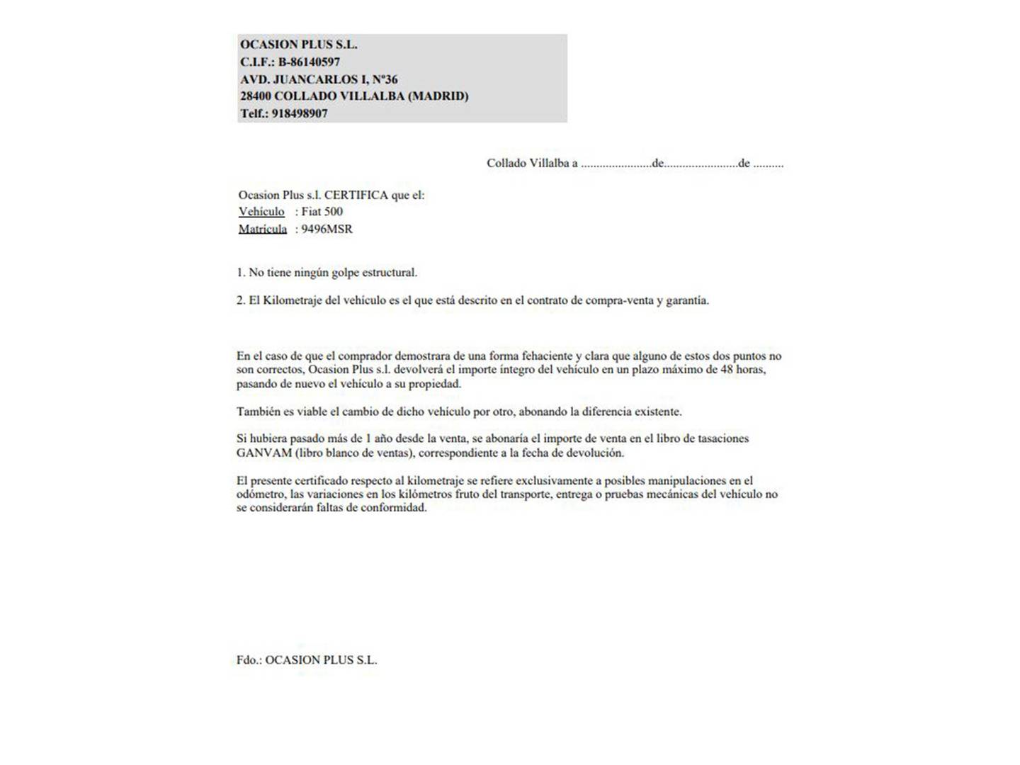 Foto del certificado del Fiat 500 Fiat 500 1.0 Hybrid Dolcevita (70 CV)