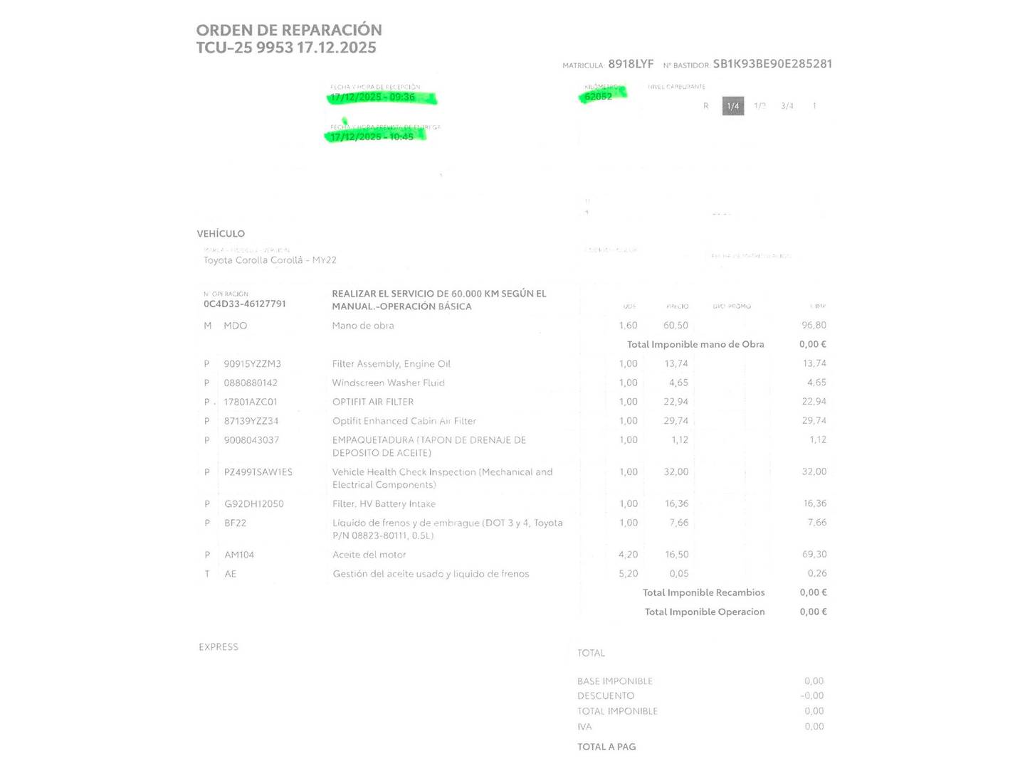 Foto del mantenimiento del Toyota Corolla Toyota Corolla 1.8 125H Style E-CVT (122 CV)