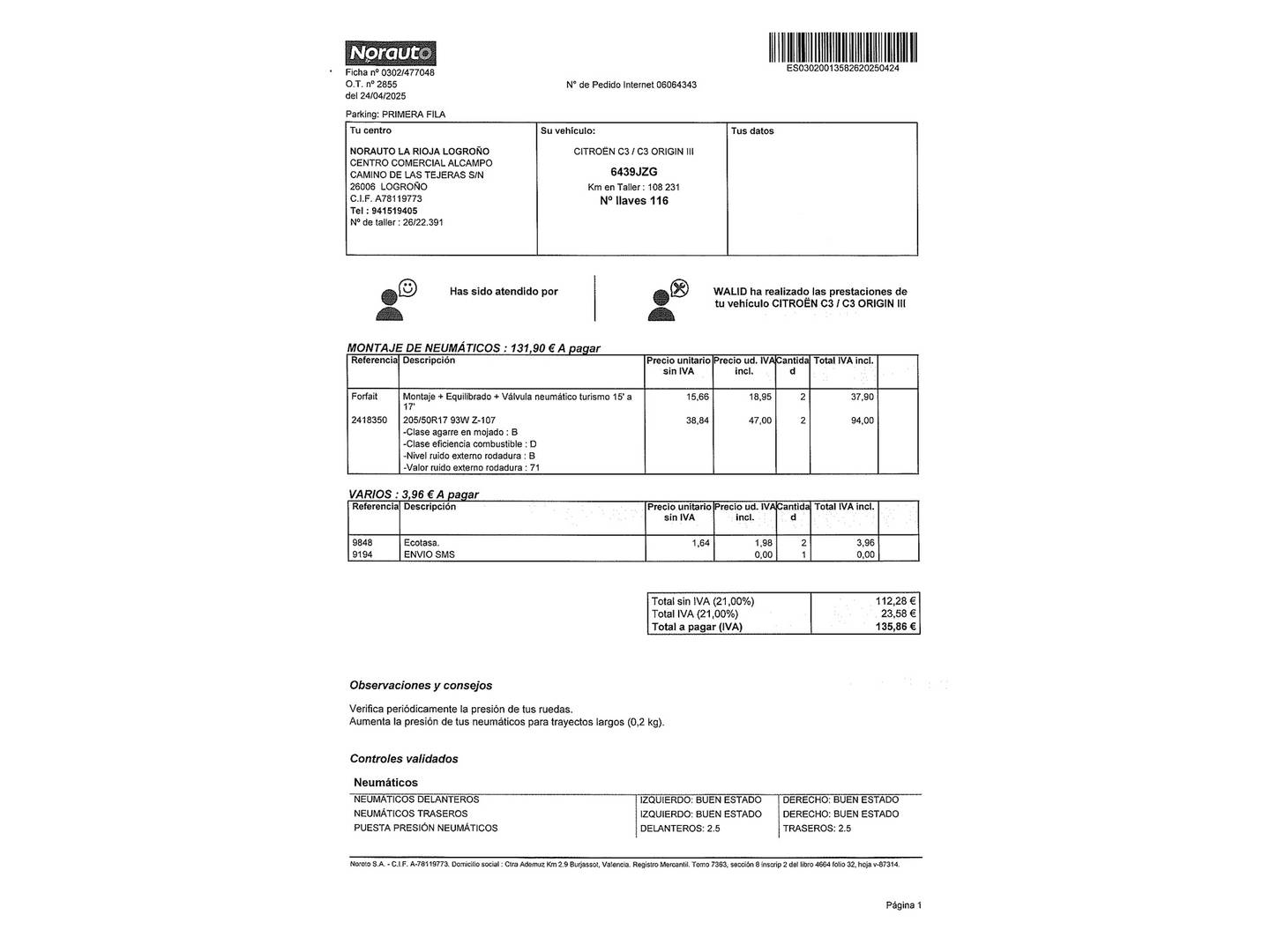 Foto del mantenimiento del Citroën C3 Citroën C3 BlueHDi 75 S&S Shine (75 CV)