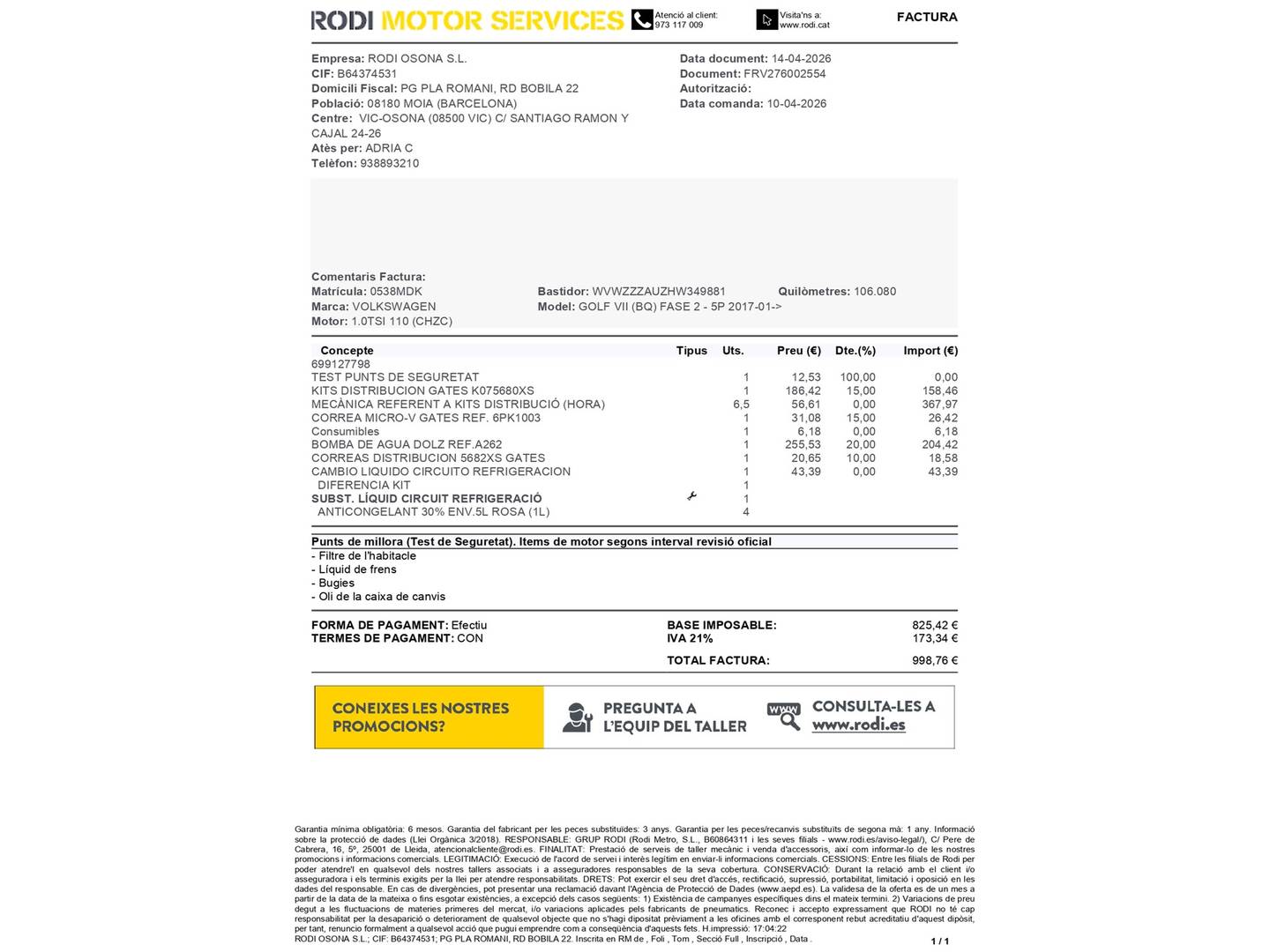 Foto del mantenimiento del Volkswagen Golf Volkswagen Golf Advance 1.0 TSI (110 CV) DSG