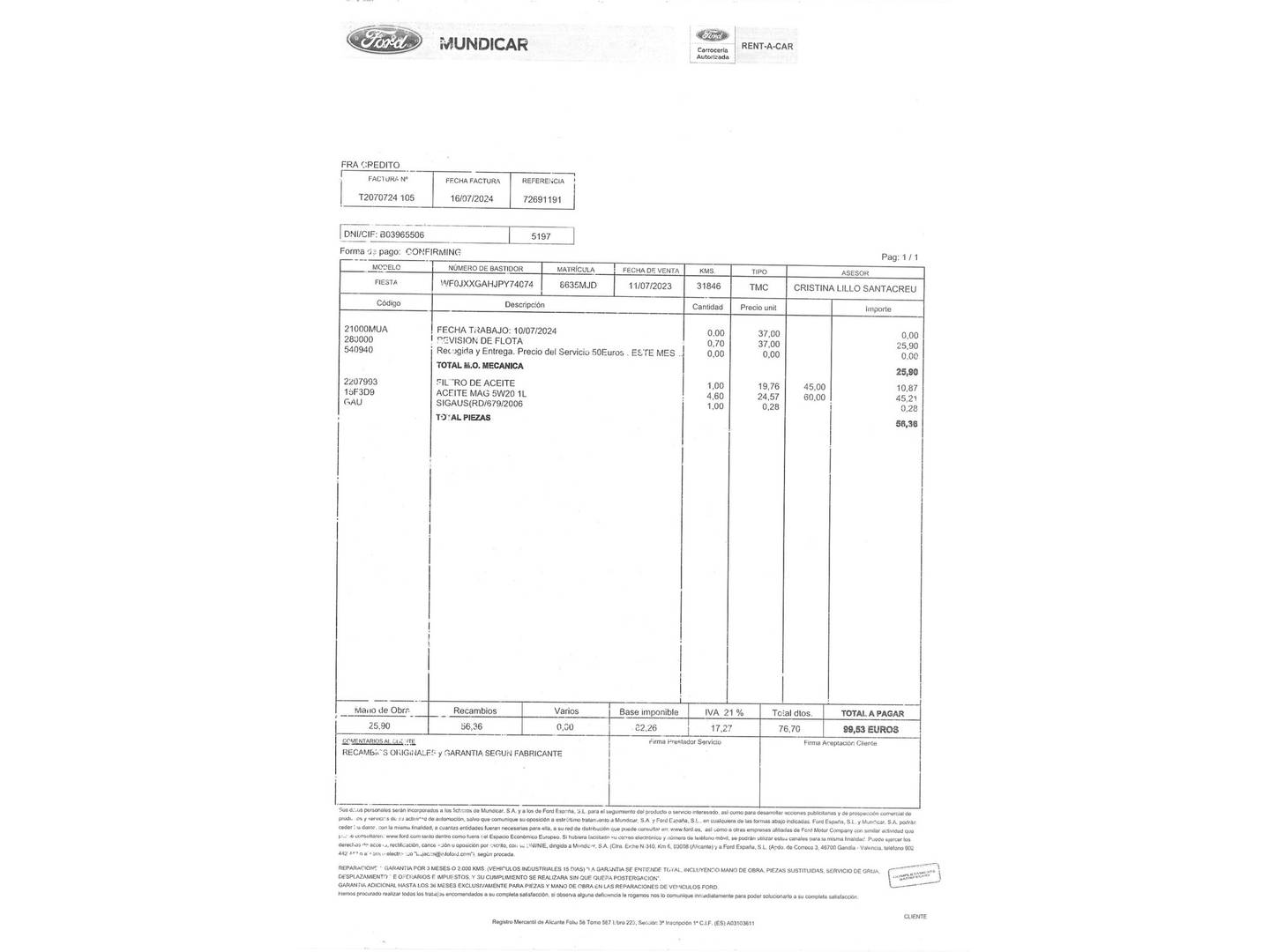 Foto del mantenimiento del Ford Fiesta Ford Fiesta 1.0 EcoBoost MHEV ST-Line (125 CV)