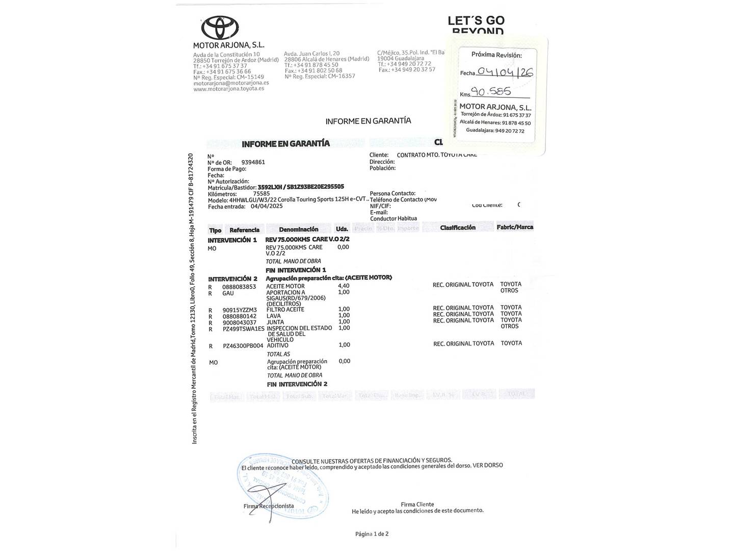 Foto del mantenimiento del Toyota Corolla Toyota Corolla Touring Sports 125H Active Tech E-CVT (122 CV)