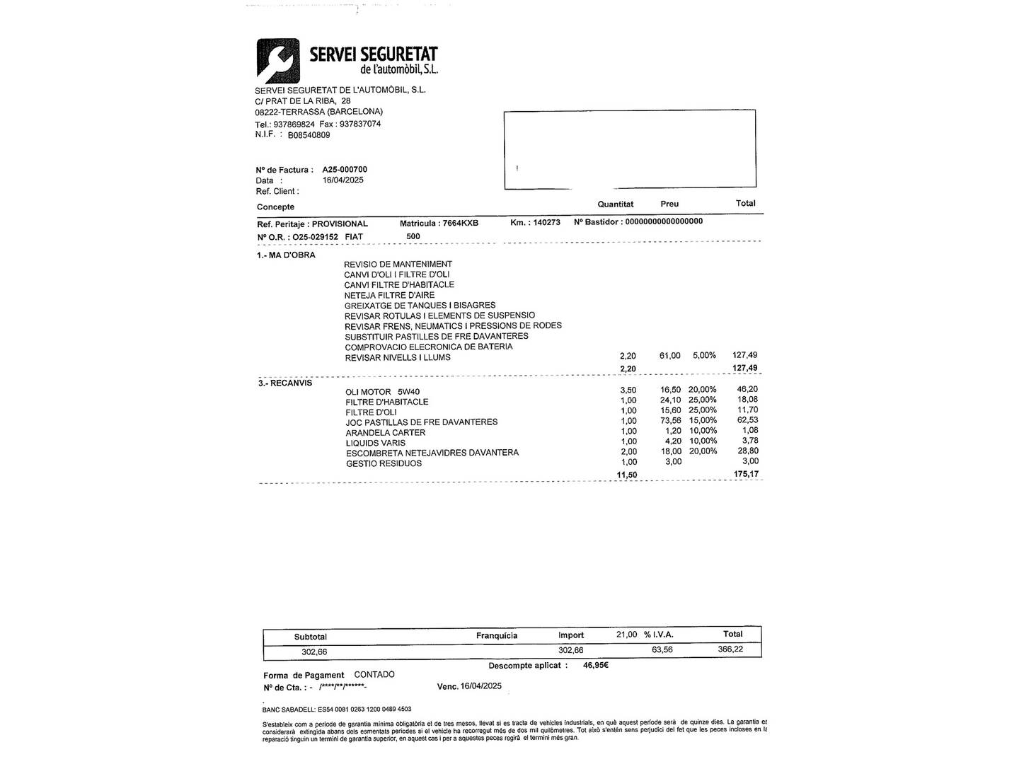 Foto del mantenimiento del Fiat 500 Fiat 500 1.2 8v Lounge (69 CV)