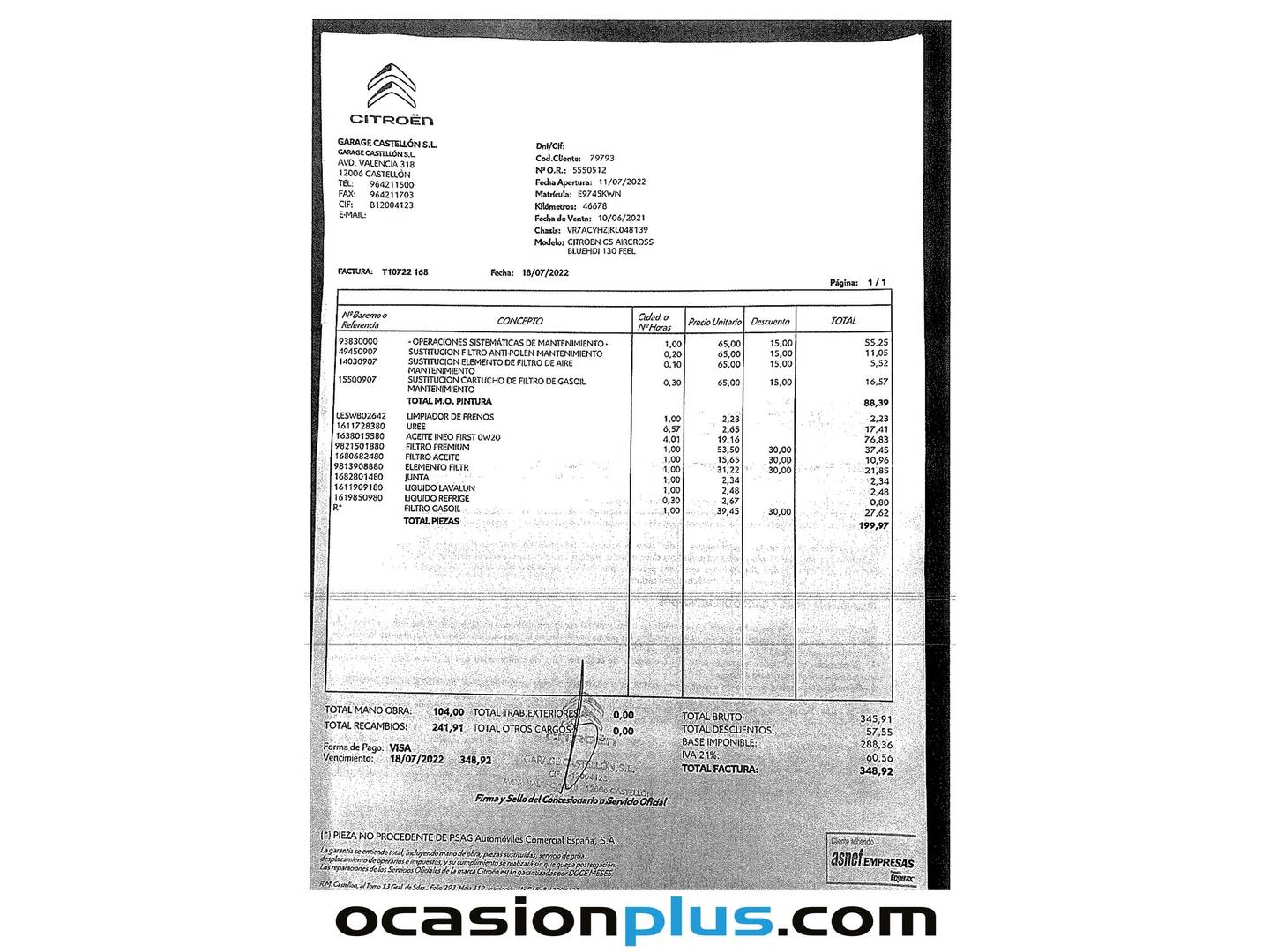 Foto del mantenimiento del Citroën C5 Aircross Citroën C5 Aircross BlueHdi 130 S&S Feel (131 CV)