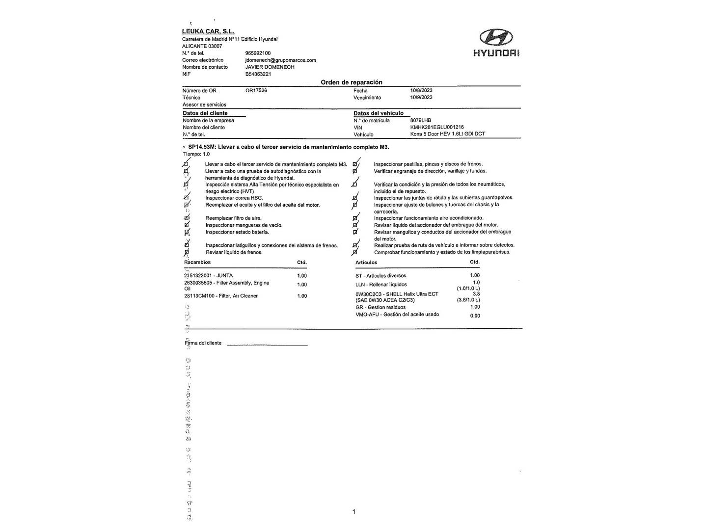 Foto del mantenimiento del Hyundai Kona Hyundai Kona 1.6 GDI HEV Klass DT 104 kW (141 CV)