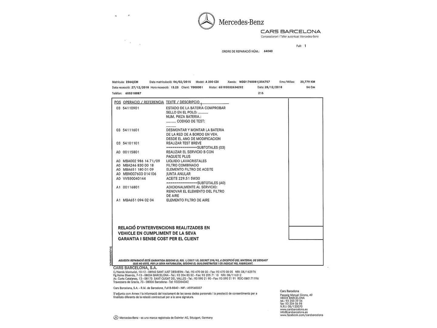 Foto del mantenimiento del Mercedes Clase A Mercedes Clase A 200 CDI AMG Line (136 CV)
