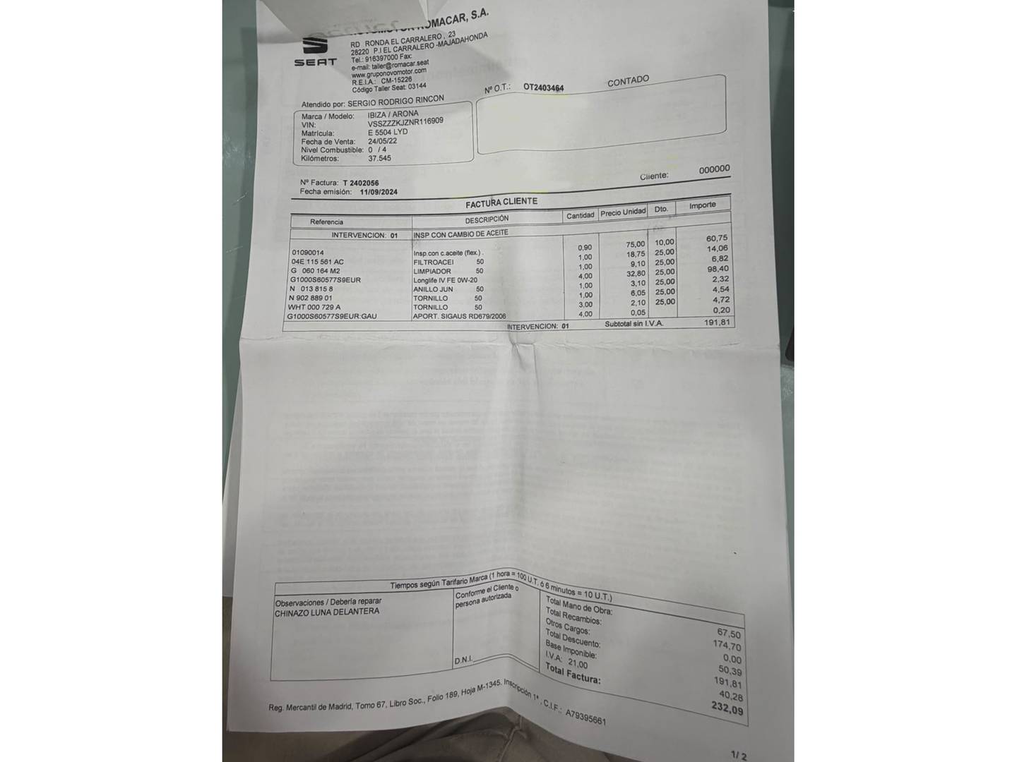 Foto del mantenimiento del Seat Arona Seat Arona 1.0 TSI Style (110 CV)