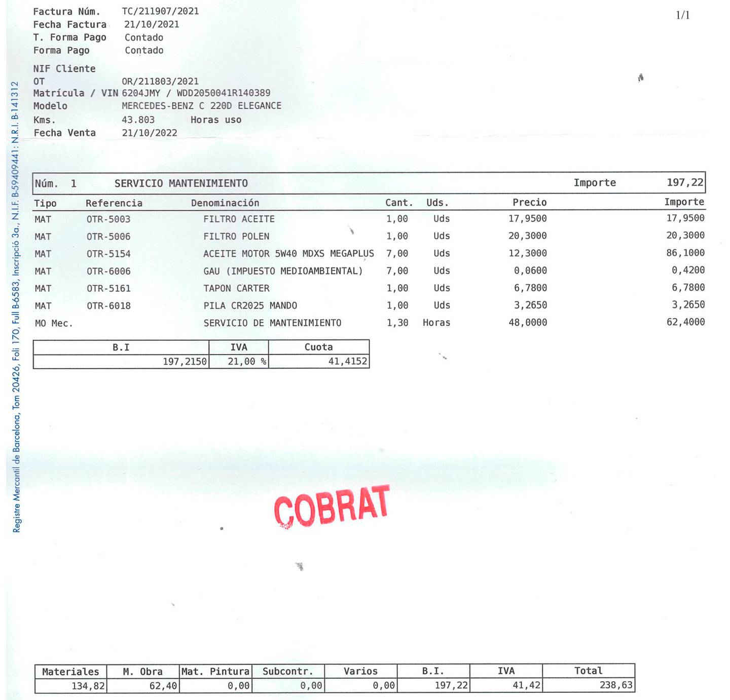 Foto del mantenimiento del Mercedes Clase C Mercedes-Benz Clase C 220 d (170 CV) Pack AMG
