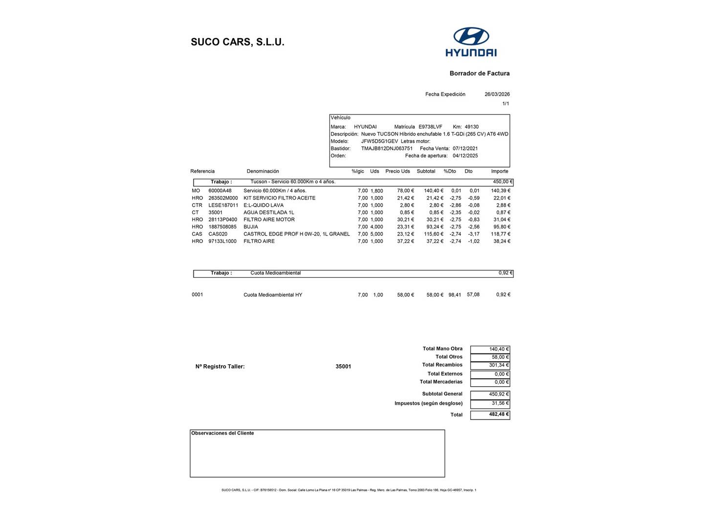 Foto del mantenimiento del Hyundai Tucson Hyundai Tucson 1.6 TGDI PHEV Tecno Sky 4x4 Auto (265 CV)