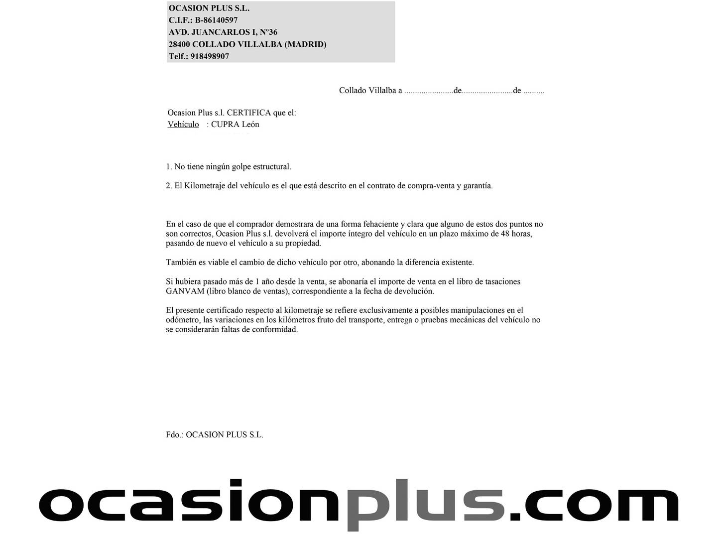 Foto del certificado del Cupra León Cupra León 1.5 eTSI DSG (150 CV)