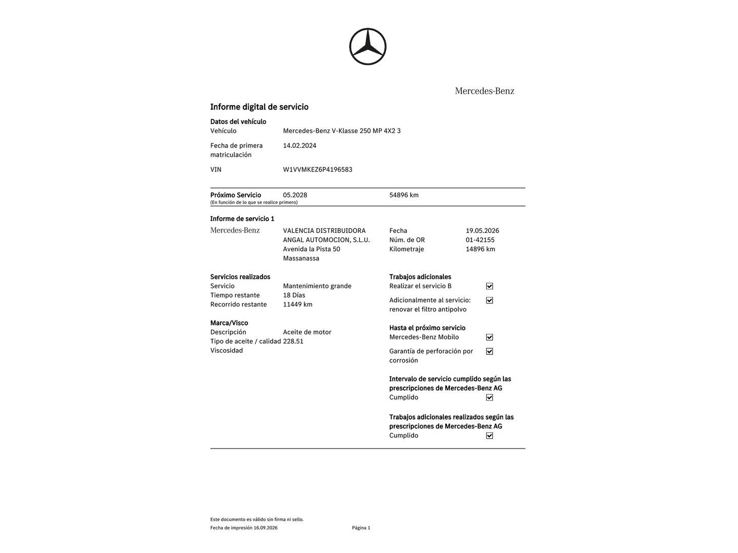 Foto del mantenimiento del Mercedes Clase V Mercedes Clase V V 250 d Marco Polo Largo (190 CV)