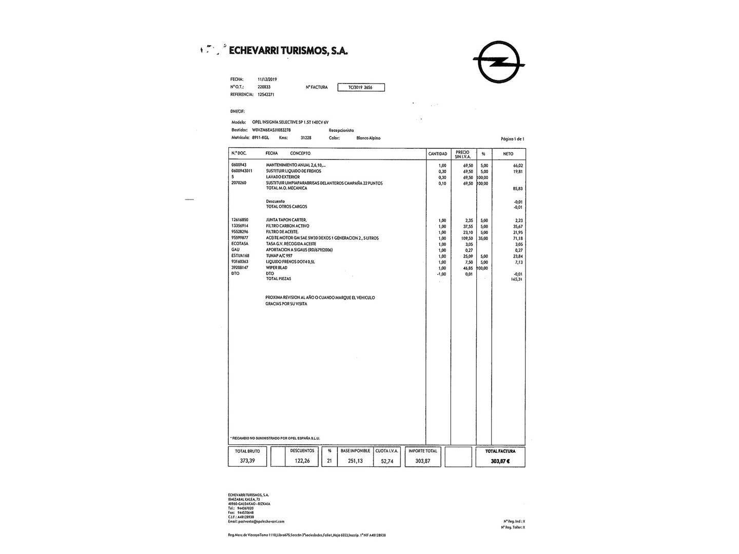 Foto del mantenimiento del Opel Insignia Opel Insignia GS 1.5 Turbo XFL Selective (140 CV)