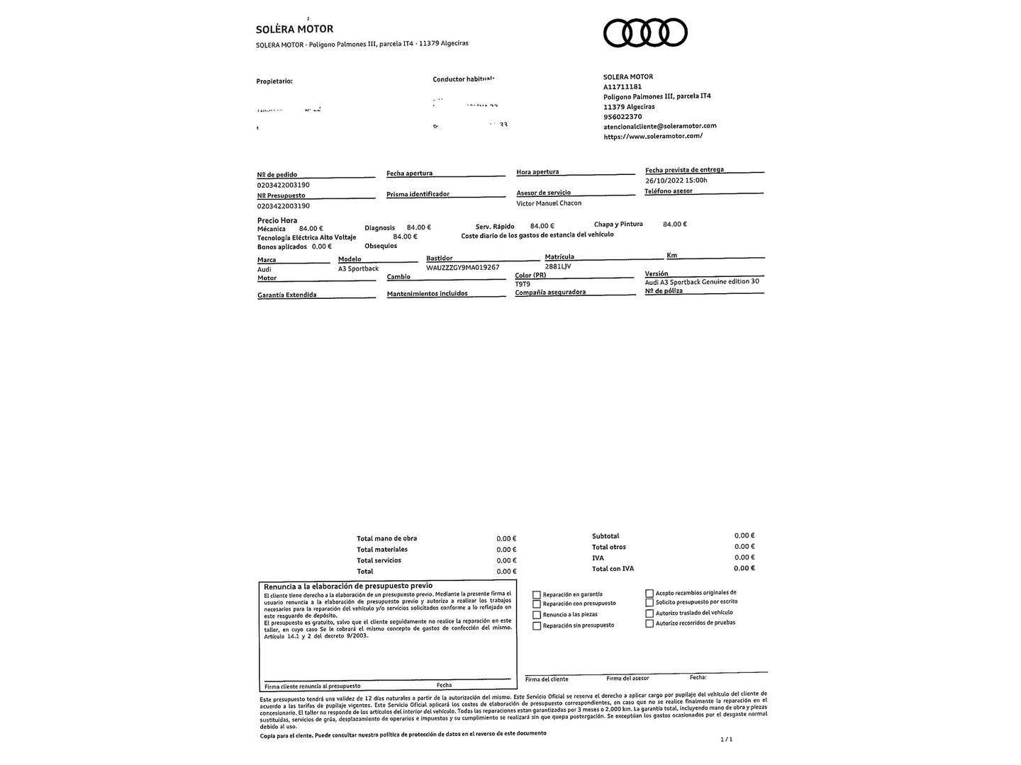 Foto del mantenimiento del Audi A3 Audi A3 Sportback Genuine edition 30 TDI (116 CV) Pack S-Line
