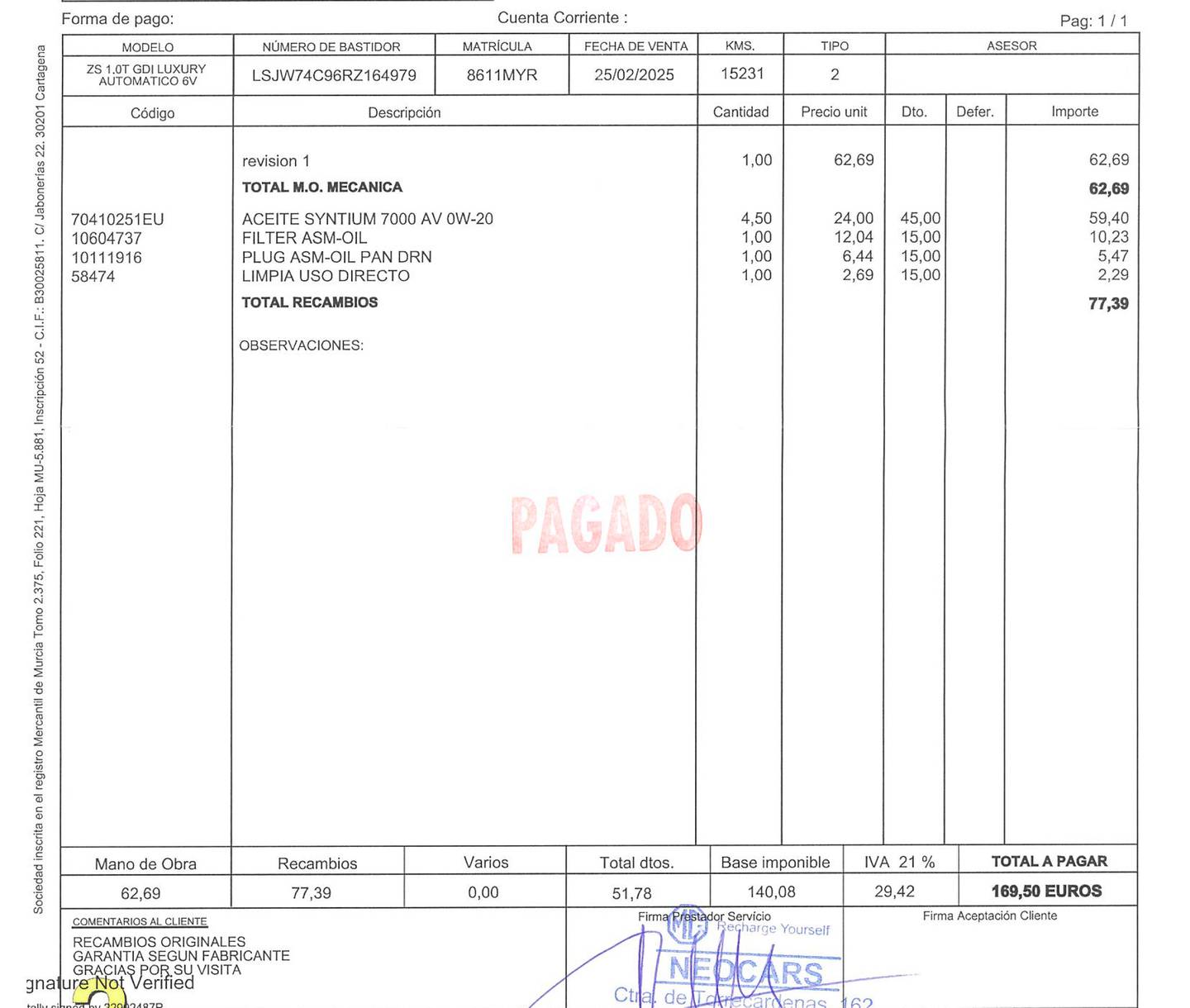 Foto del mantenimiento del MG ZS MG ZS 1.0T Luxury Auto (111 CV)