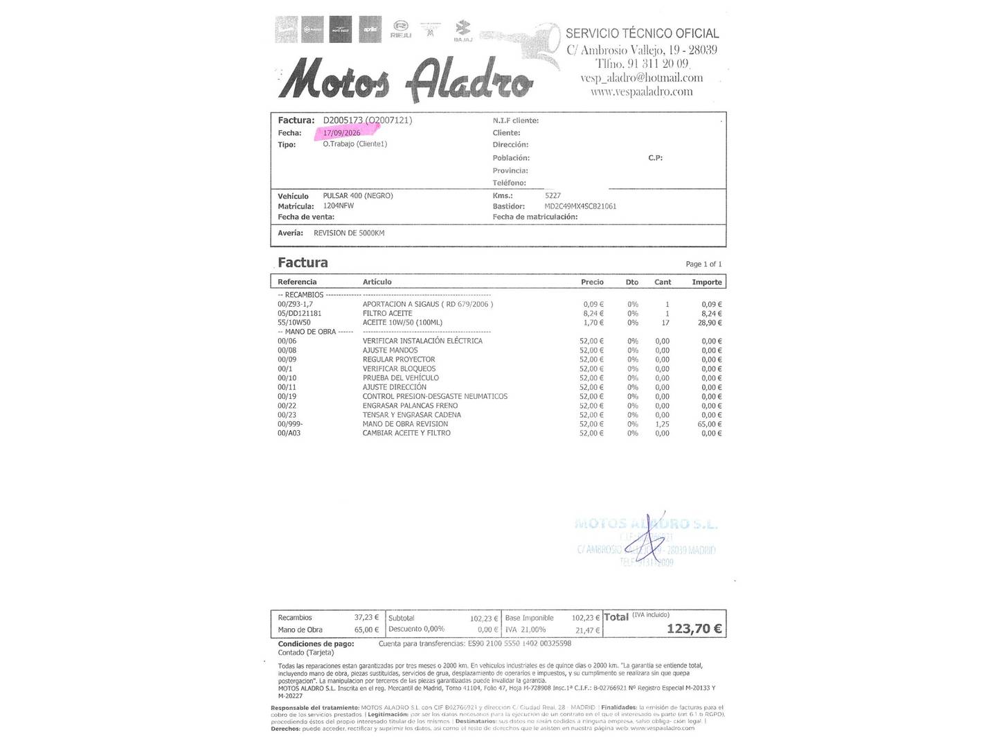 Foto del mantenimiento del Bajaj Pulsar NS 400 Z Bajaj Pulsar NS 400 Z (39 CV)