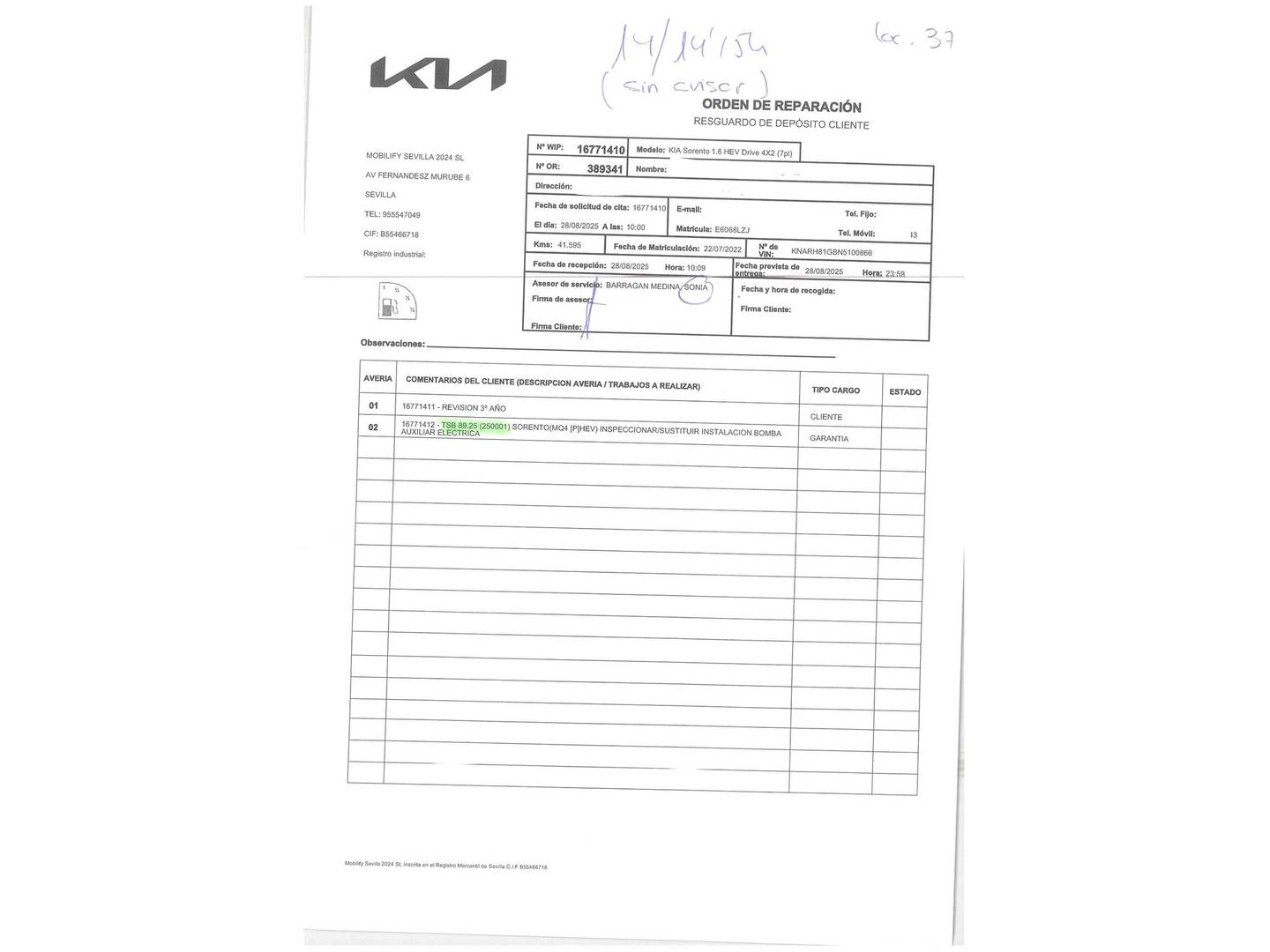 Foto del mantenimiento del KIA Sorento KIA Sorento 1.6 T-GDi HEV Drive 4x2 (230 CV)