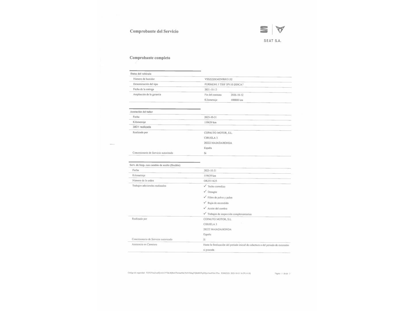 Foto del mantenimiento del Cupra Formentor Cupra Formentor 1.5 TSI DSG (150 CV)