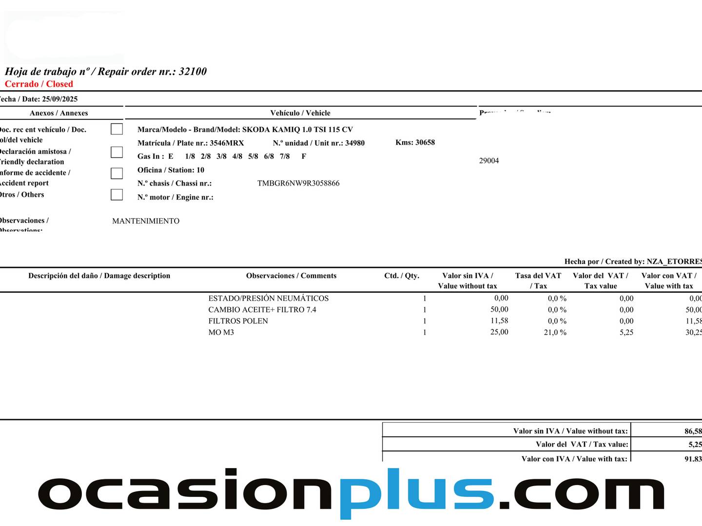 Foto del mantenimiento del Skoda Kamiq Skoda Kamiq 1.0 TSI Selection DSG (115 CV)