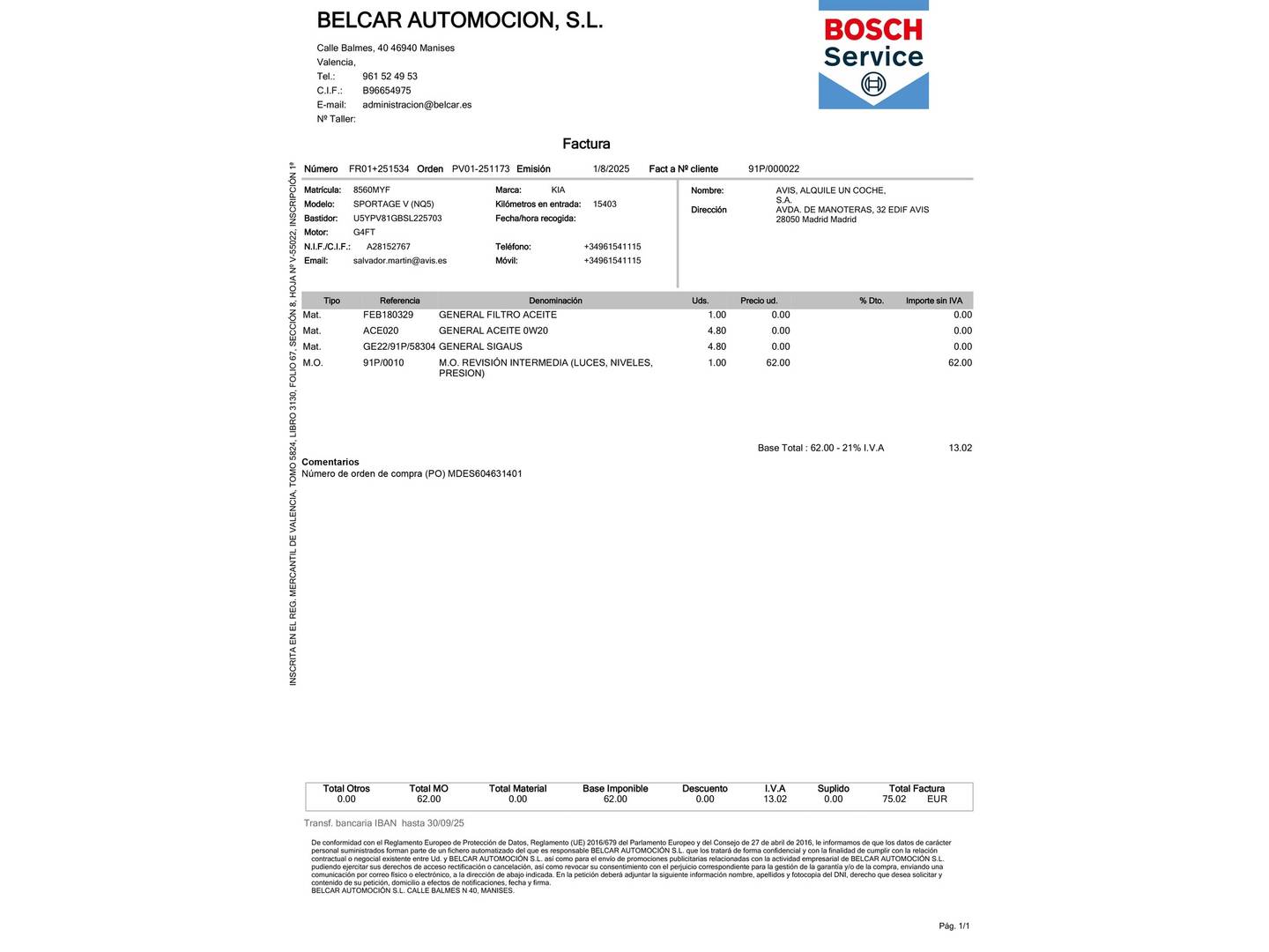 Foto del mantenimiento del KIA Sportage KIA Sportage 1.6 T-GDi HEV Drive 4x2 (215 CV)