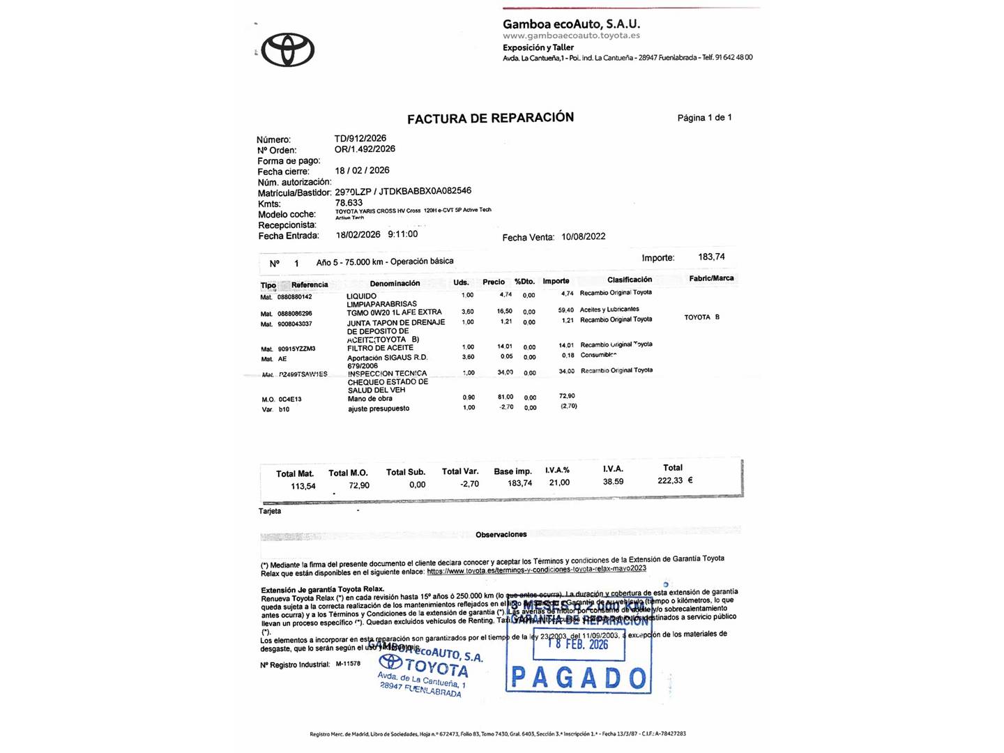 Foto del mantenimiento del Toyota Yaris Cross Toyota Yaris Cross 120H Active Tech (116 CV)