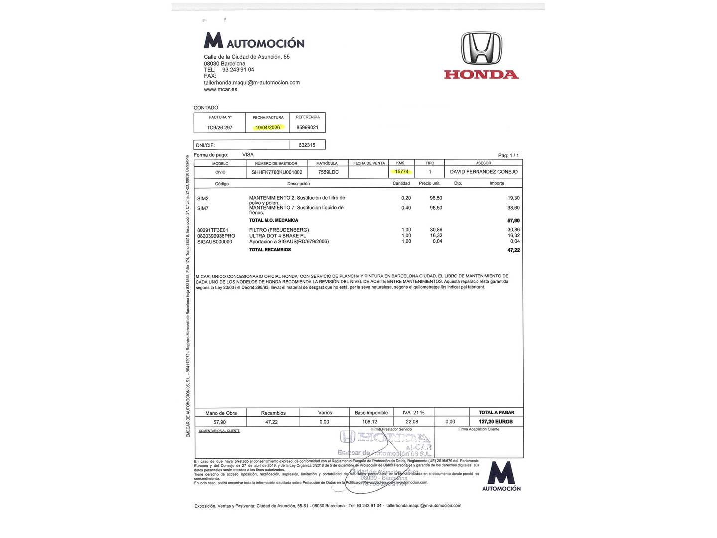 Foto del mantenimiento del Honda Civic Honda Civic 1.5 I-VTEC Sport Plus (182 CV)