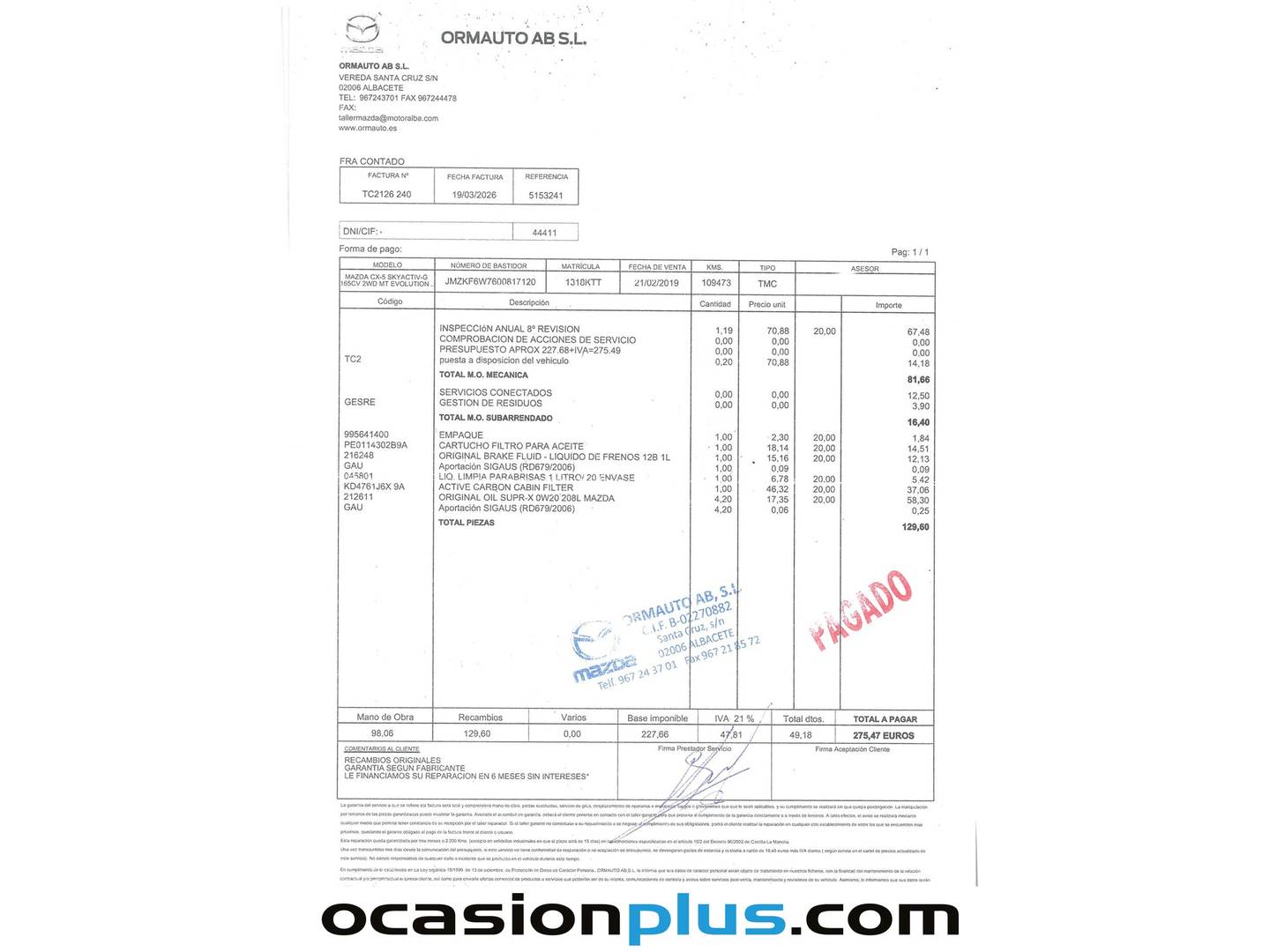 Foto del mantenimiento del Mazda CX-5 Mazda CX-5 2.0 Skyactiv-G Evolution Design Nav 2WD (165 CV)