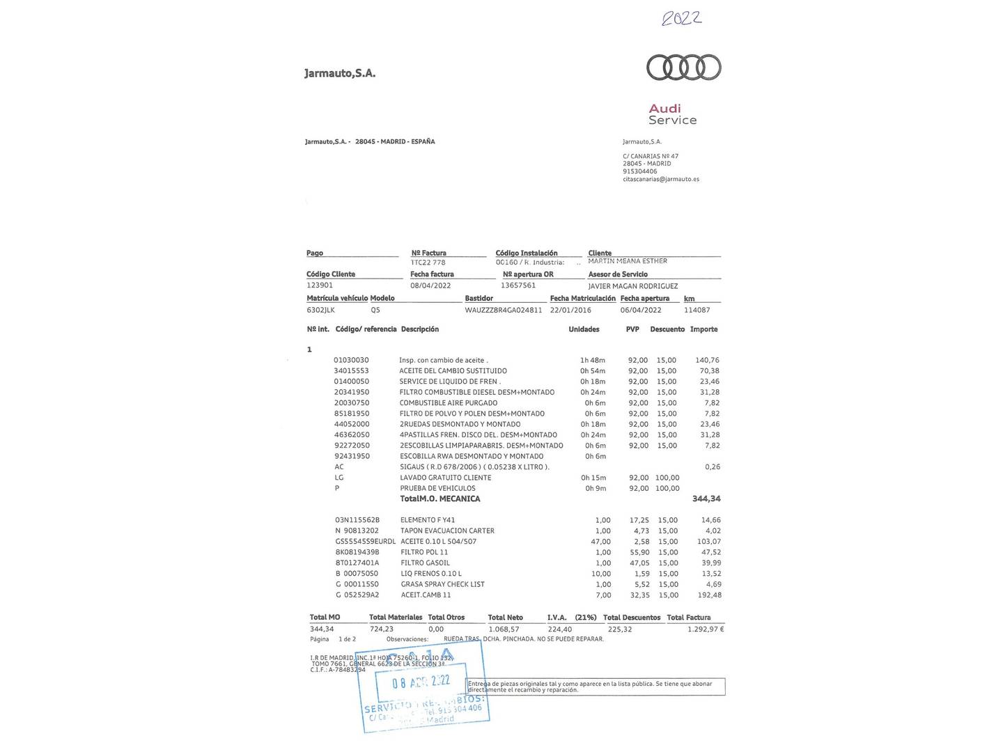 Foto del mantenimiento del Audi Q5 Audi Q5 Advanced edition 2.0 TDI clean diesel quattro (190 CV) S tronic
