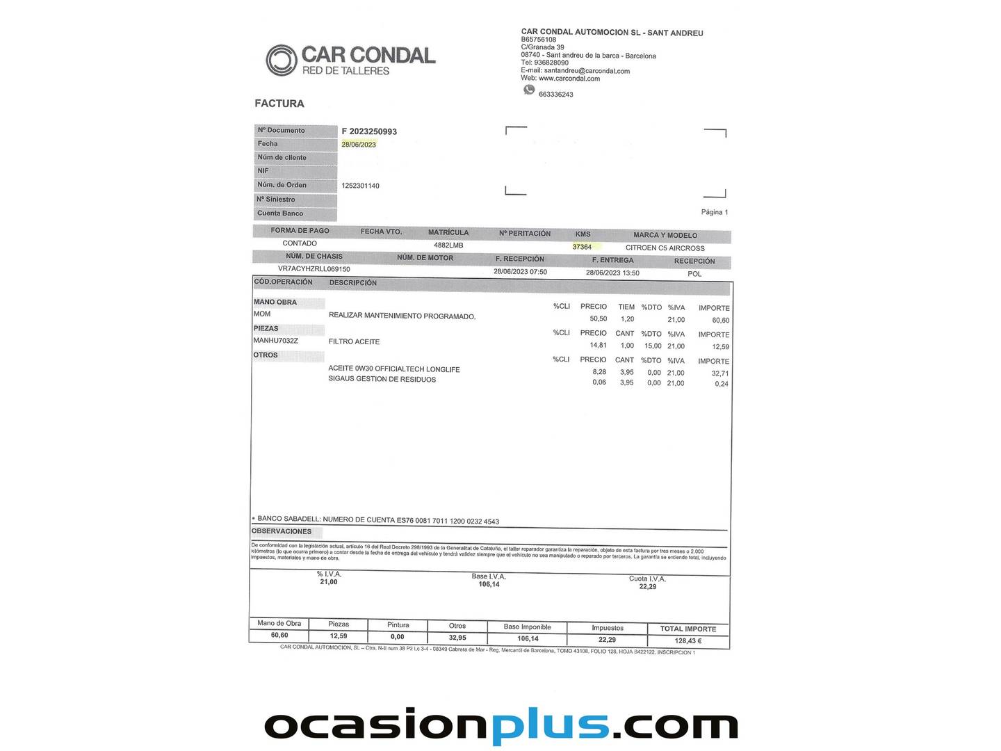 Foto del mantenimiento del Citroën C5 Aircross Citroën C5 Aircross BlueHdi 130 S&S Shine EAT8 (131 CV)