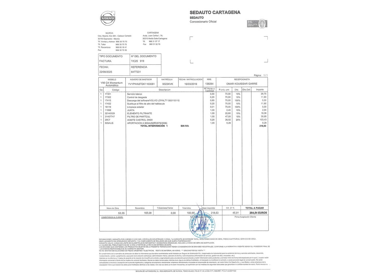 Foto del mantenimiento del Volvo V90 Volvo V90 D4 Momentum Auto (190 CV)