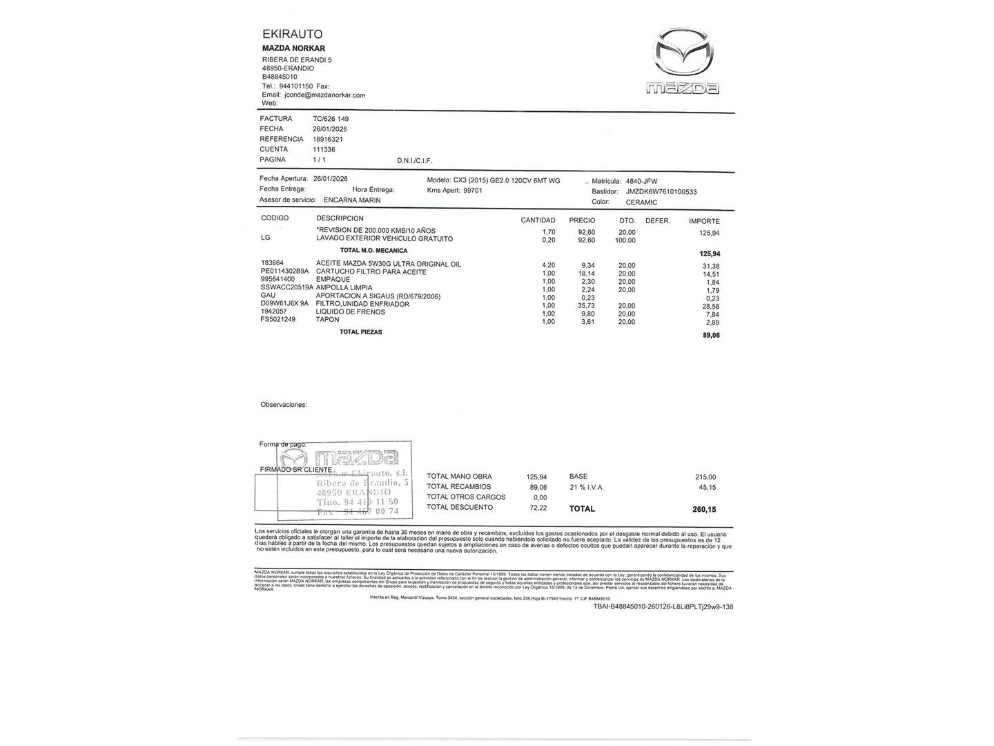 Foto del mantenimiento del Mazda CX-3 Mazda CX-3 2.0 SKYACTIV GE Luxury 2WD (120 CV)