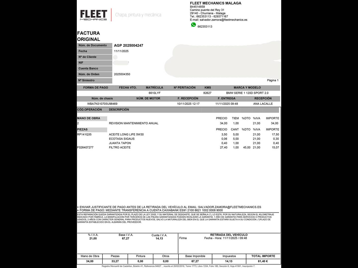 Foto del mantenimiento del BMW Serie 1 BMW Serie 1 120d (190 CV)