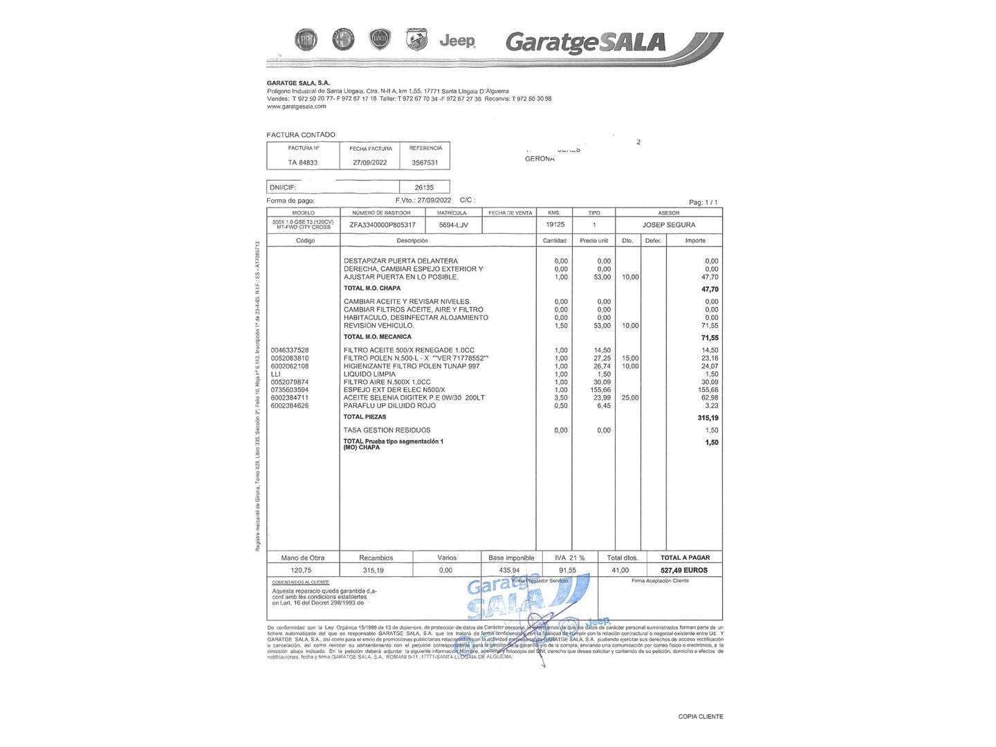 Foto del mantenimiento del Fiat 500X Fiat 500X 1.0 GSE City Cross T3 S&S (120 CV)