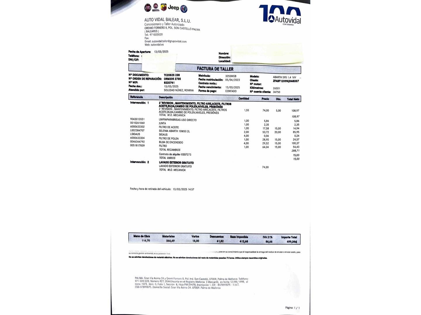 Foto del mantenimiento del Abarth 500 Abarth 500 1.4 16v T-Jet 595 (165 CV)