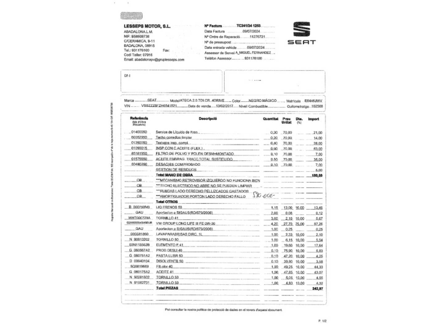 Foto del mantenimiento del Seat Ateca Seat Ateca 2.0 TDI S&S Xcellence 4Drive DSG (190 CV)