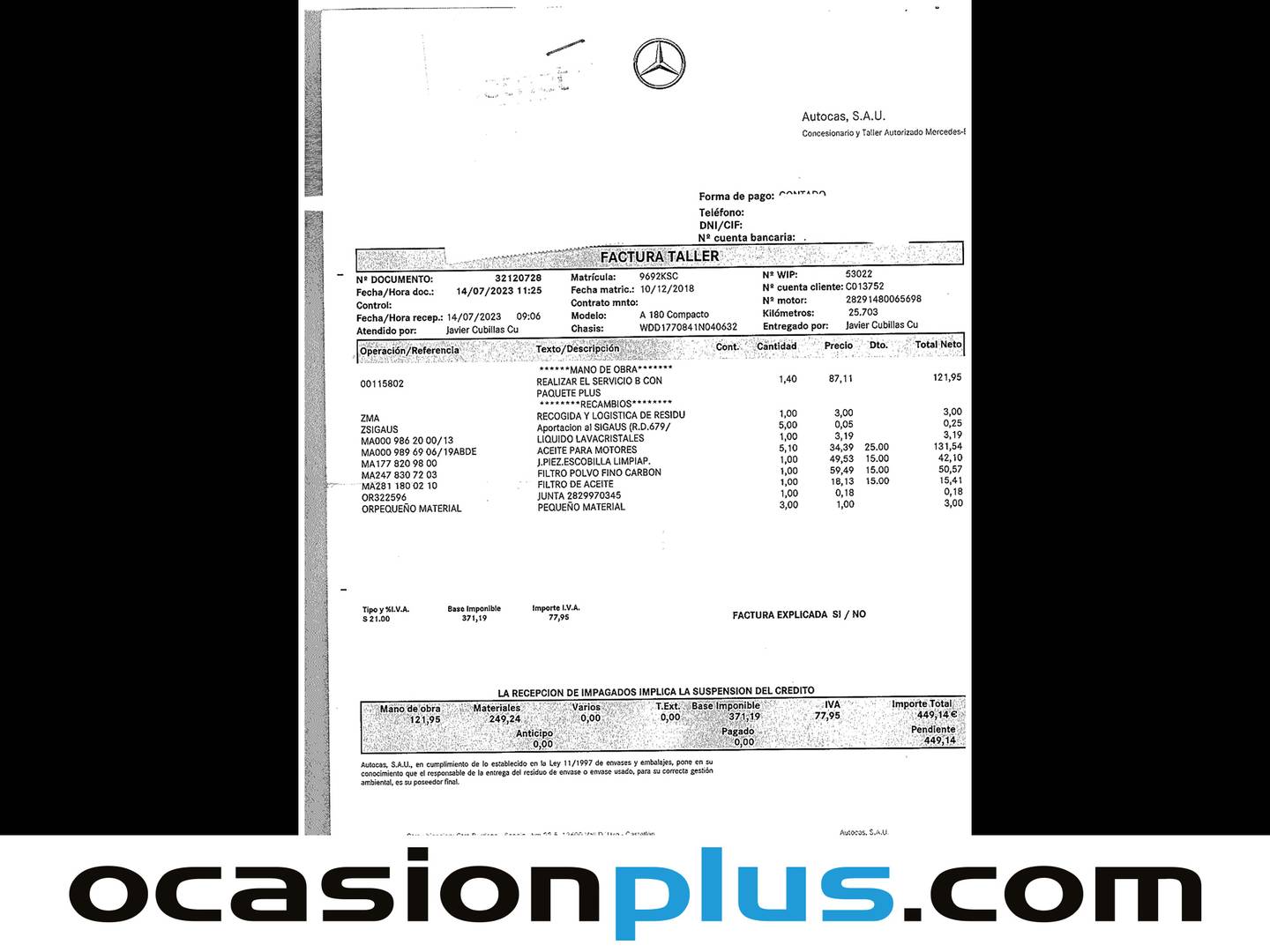 Foto del mantenimiento del Mercedes Clase A Mercedes-Benz Clase A 180 (136 CV) PACK AMG