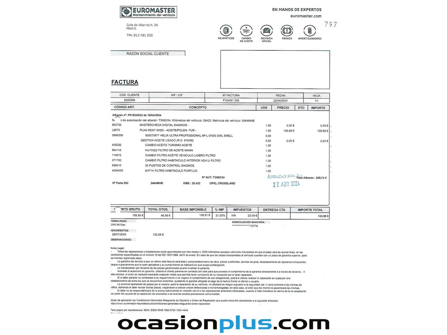 Foto del mantenimiento del Opel Crossland Opel Crossland Crossland 1.5D Edition (110 CV)