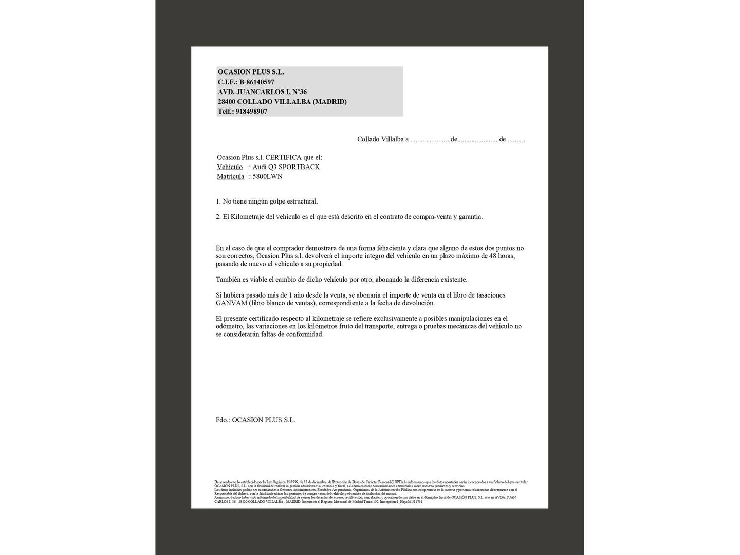 Foto del certificado del Audi Q3 Sportback Audi Q3 Sportback TFSIe S line 45 TFSI e (245 CV) S tronic