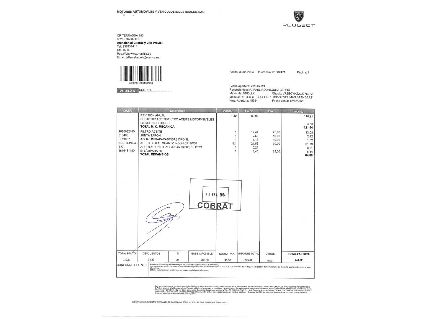 Foto del mantenimiento del Peugeot Rifter Peugeot Rifter BlueHDi 130 GT Standard (130 CV)