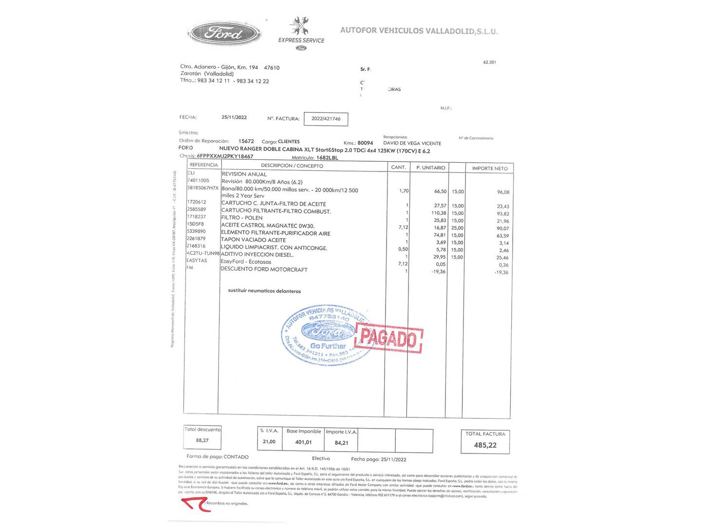 Foto del mantenimiento del Ford Ranger Ford Ranger Pickup 2.0 TDCI S&S DobleCabina XLT 4x4 (170 CV)