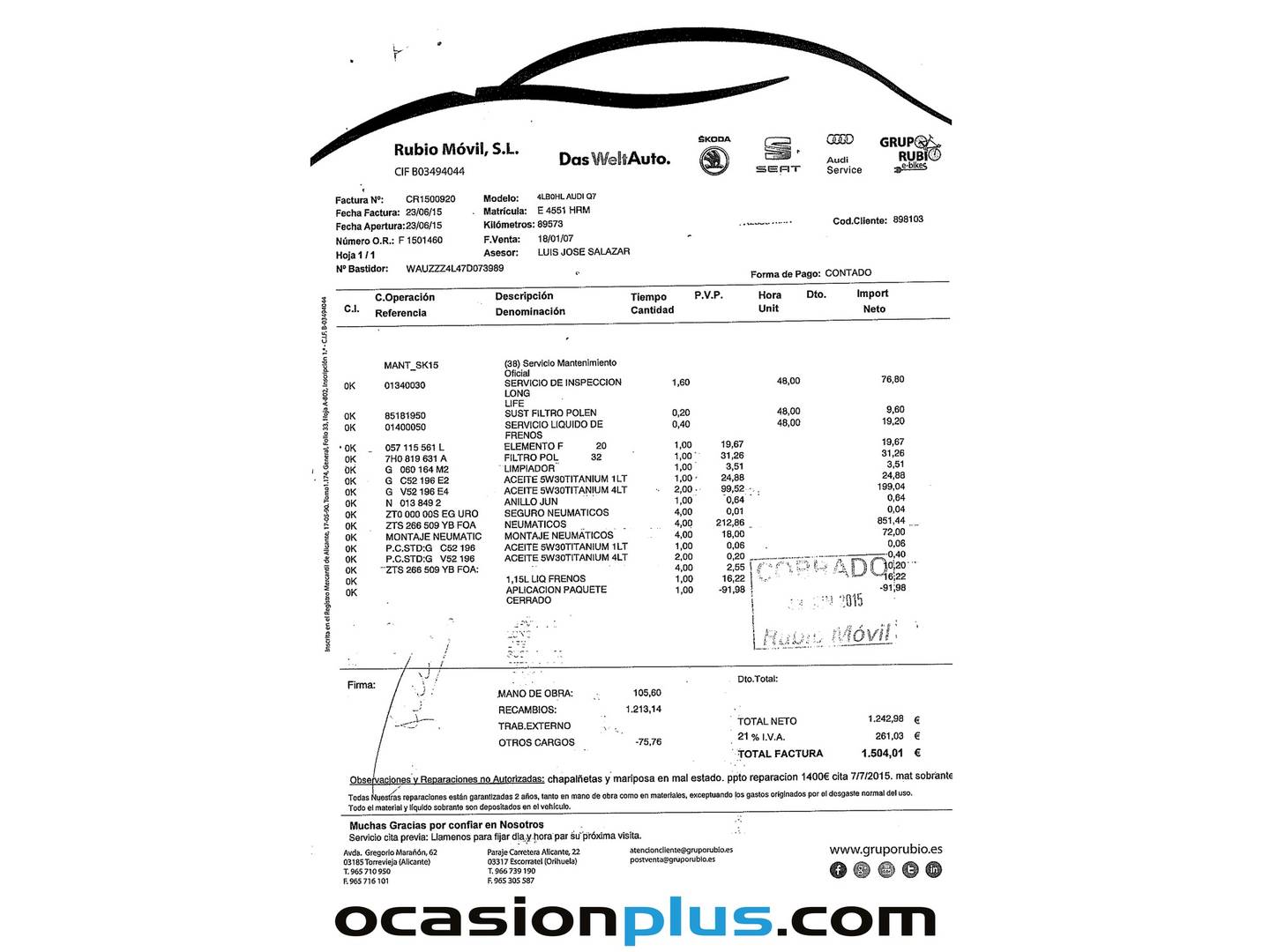 Foto del mantenimiento del Audi Q7 Audi Q7 3.0 TDI quattro tiptronic (211 CV)