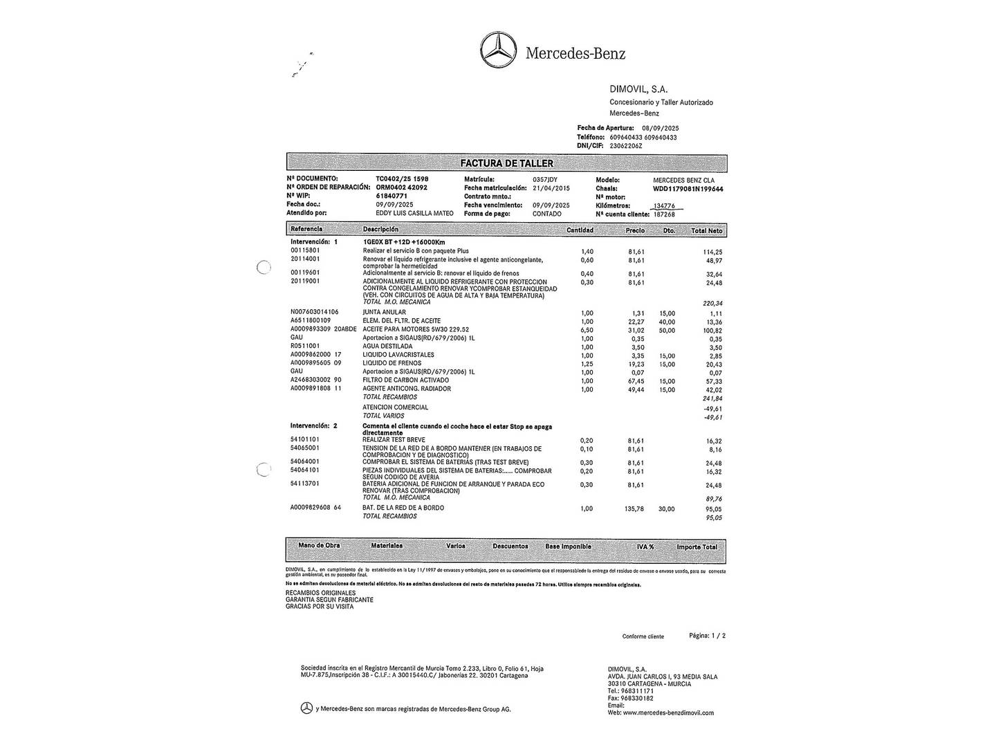 Foto del mantenimiento del Mercedes CLA Mercedes CLA Shooting Brake 200 CDI Urban (136 CV)