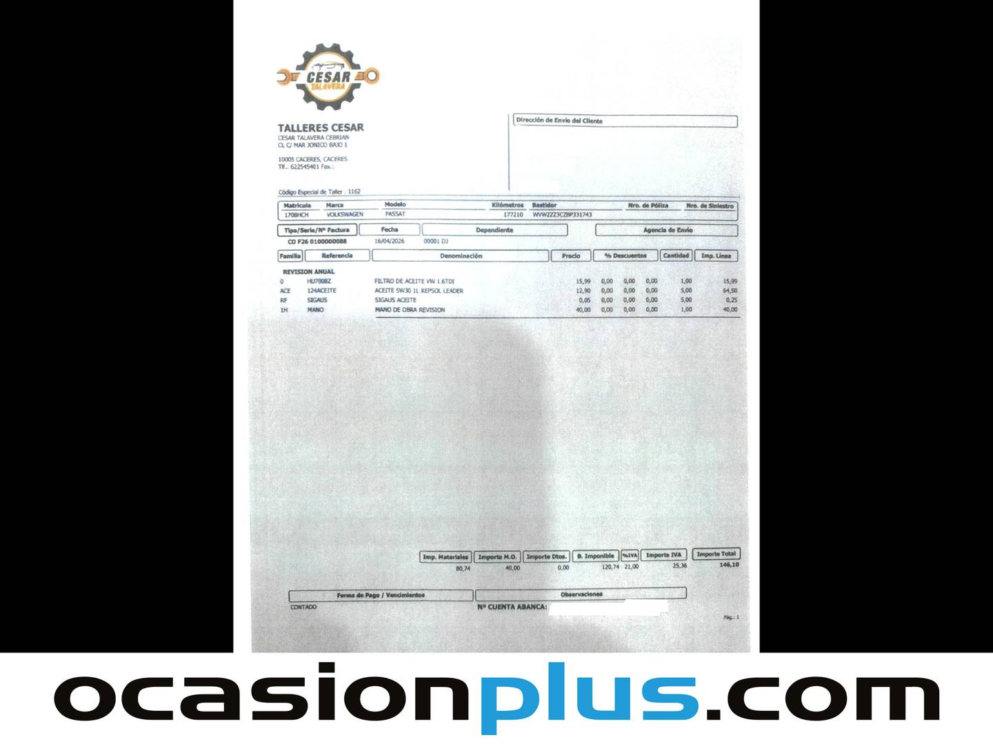 Foto del mantenimiento del Volkswagen Passat Volkswagen Passat Edition 1.6 TDI BMT (105 CV)