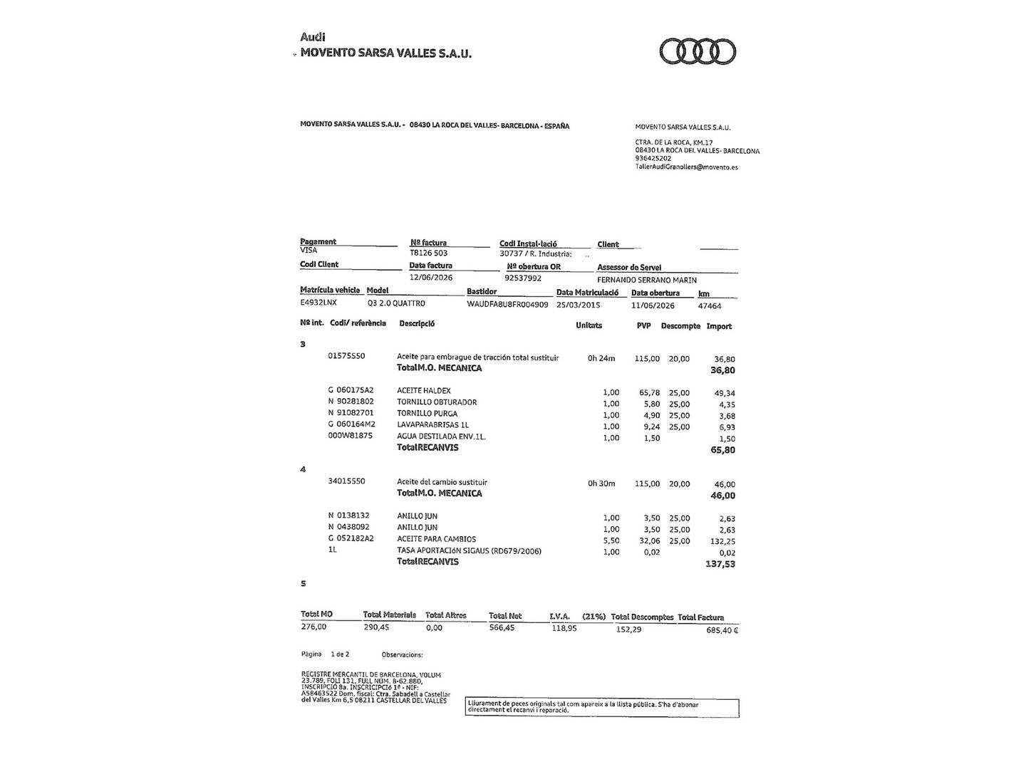 Foto del mantenimiento del Audi Q3 Audi Q3 Attraction 2.0 TFSI quattro (170 CV) S tronic 4x4