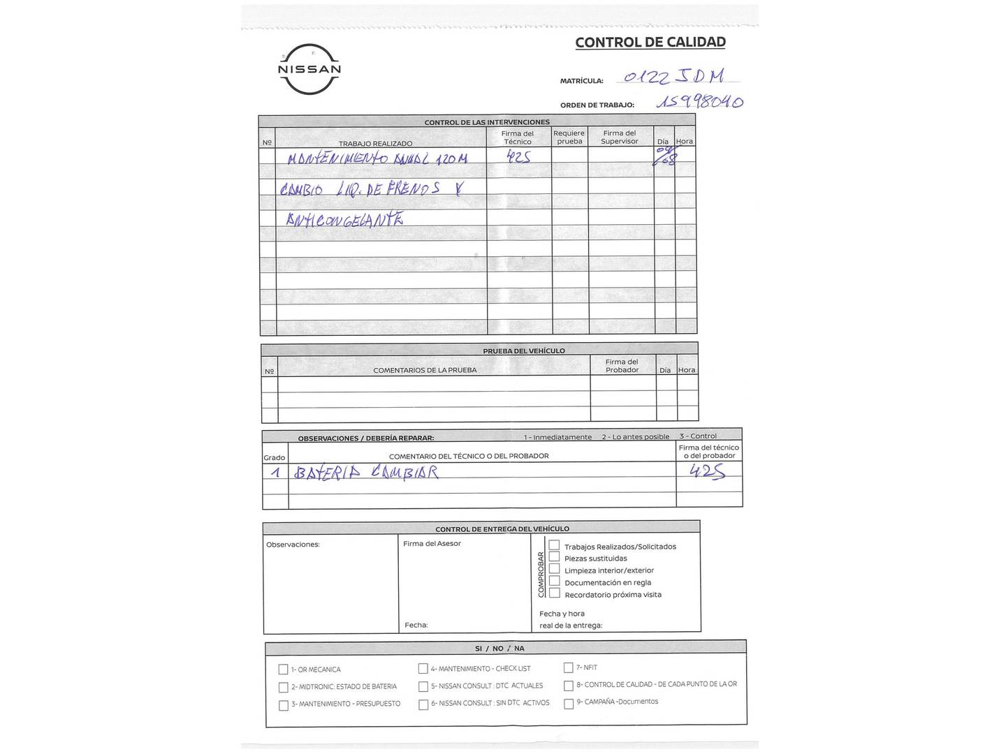Foto del mantenimiento del Nissan PULSAR Nissan Pulsar DIG-T 190 Tekna (190 CV)