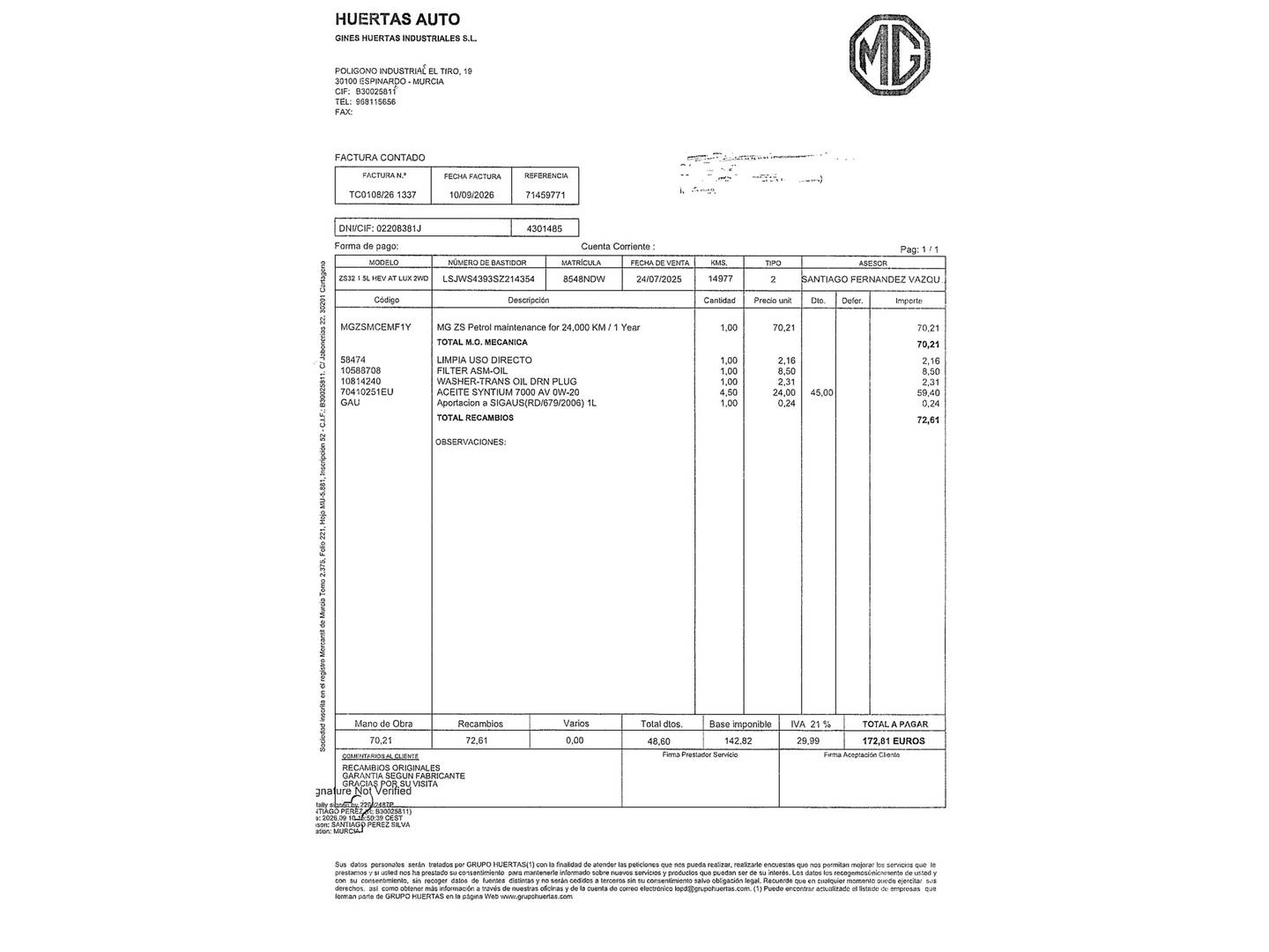 Foto del mantenimiento del MG ZS MG ZS 1.5 Hybrid+ Luxury (197 CV)