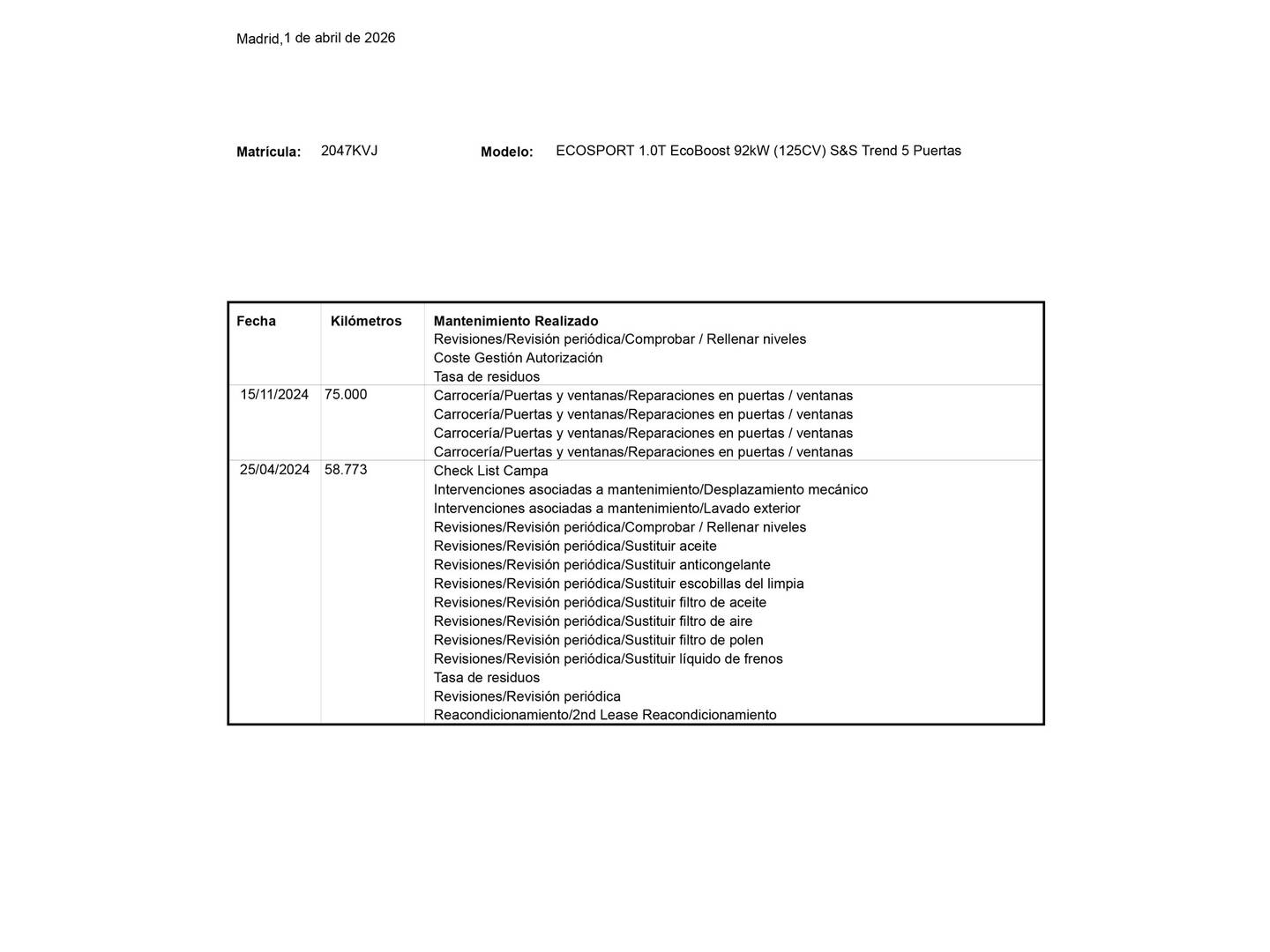 Foto del mantenimiento del Ford EcoSport Ford EcoSport 1.0 EcoBoost S&S Trend (125 CV)